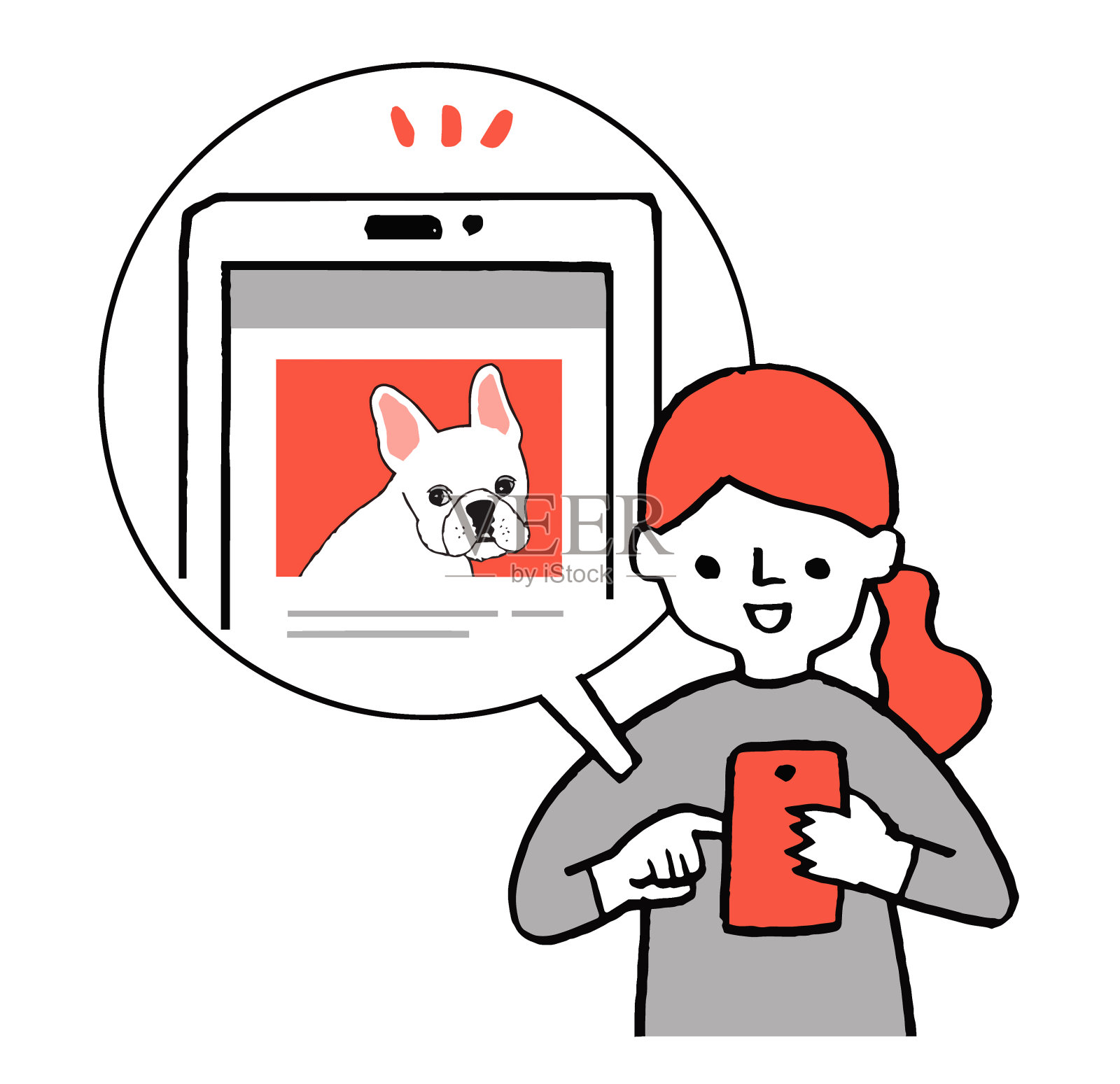 微笑的女人在看智能手机上的狗照片插画图片素材