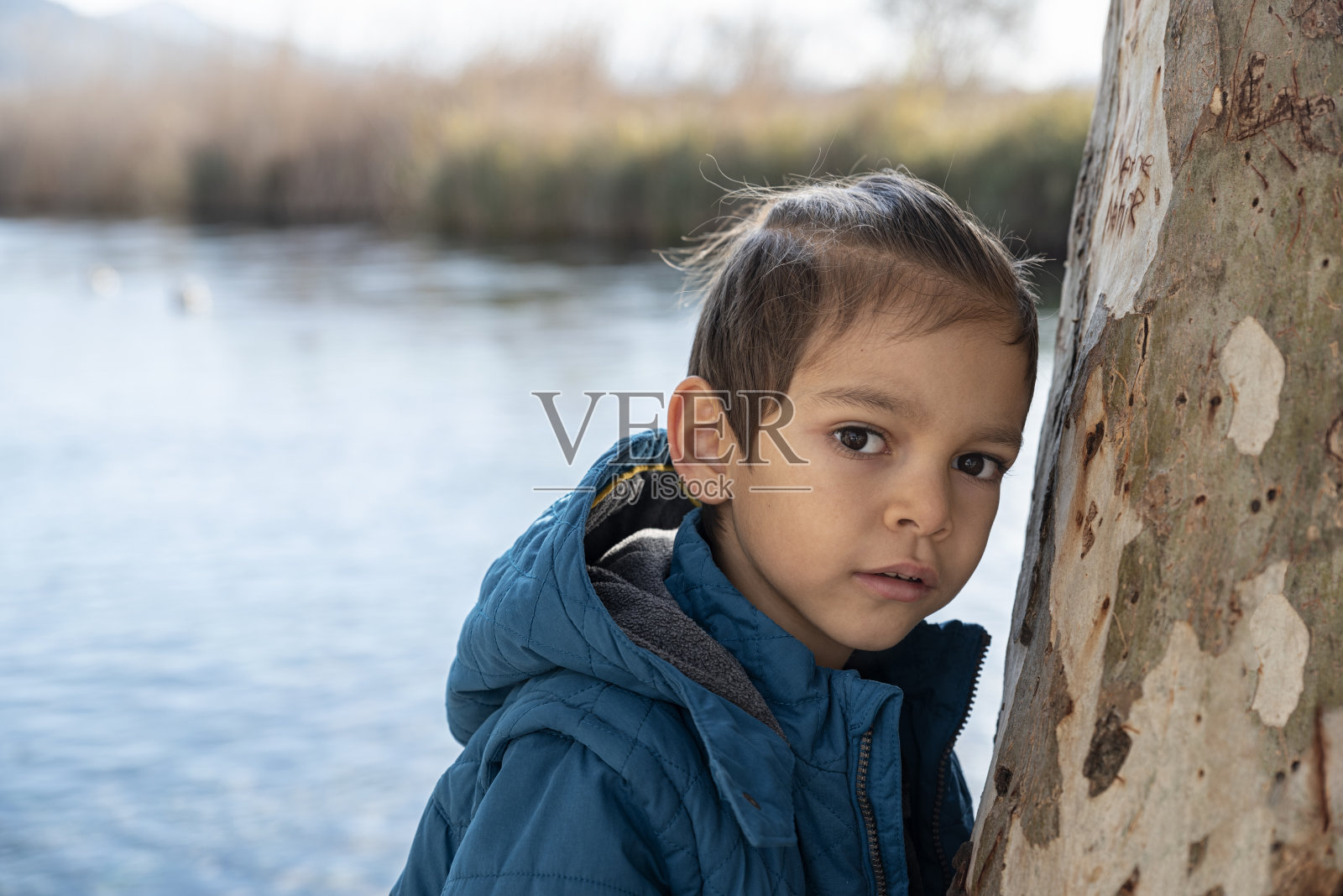 一个男孩站在河边的树旁，面无表情地凝视着照片摄影图片