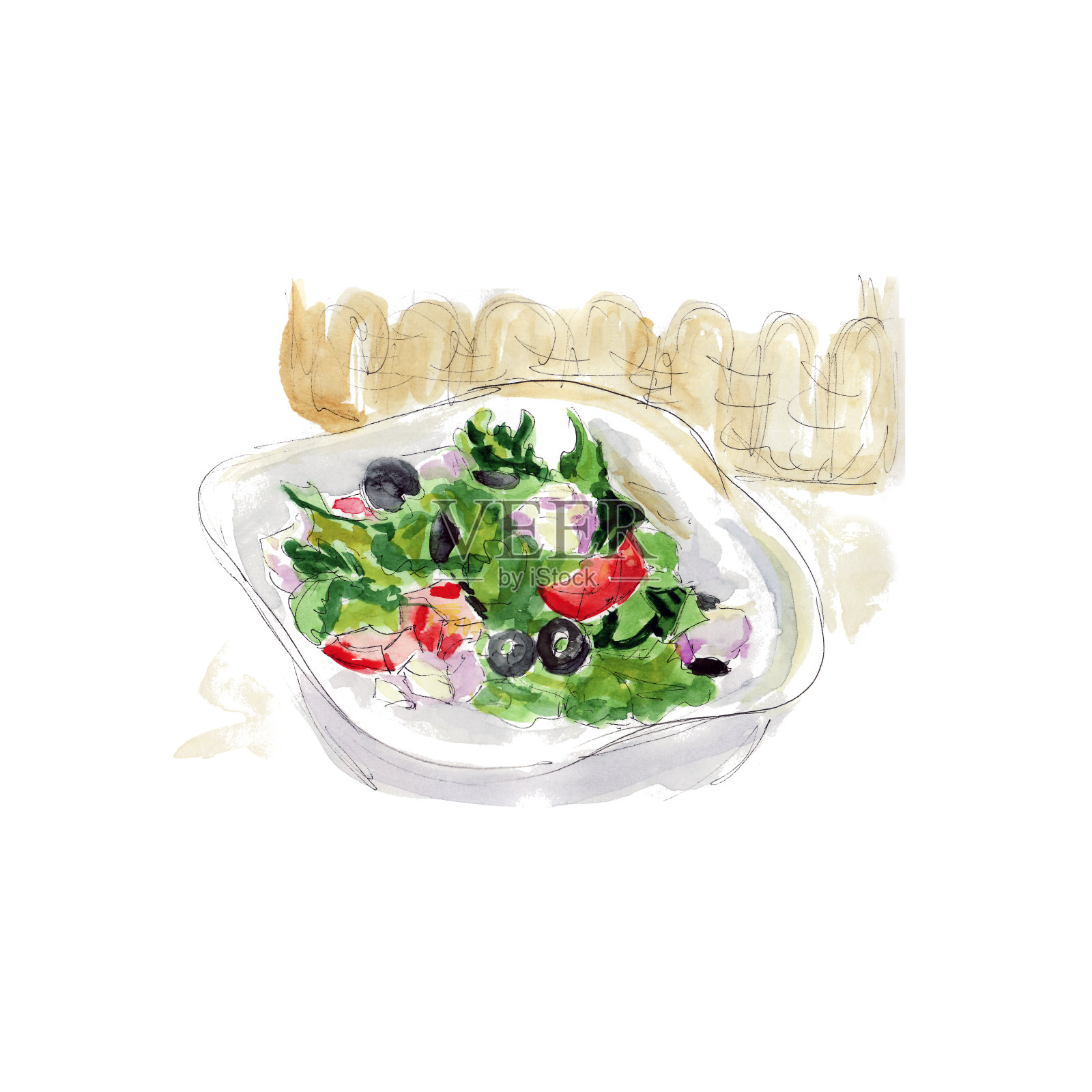 新鲜的沙拉配乳酪，橄榄和蔬菜，水彩画的开胃食物插画图片素材