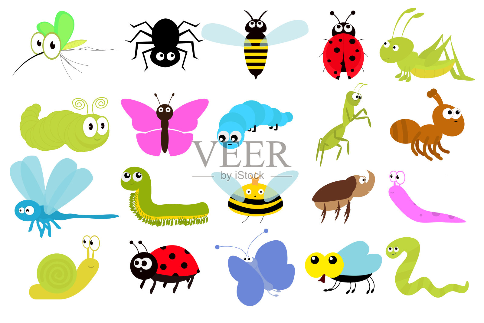 昆虫的图标集。卡哇伊瓢虫，蚊子，蝴蝶，犀牛甲虫，蜈蚣，蚱蜢，毛毛虫，蜘蛛，苍蝇，蜗牛，蜻蜓，蚂蚁，蠕虫，蛞蝓，蝗虫黄蜂，蜜蜂。平面设计。向量插画图片素材