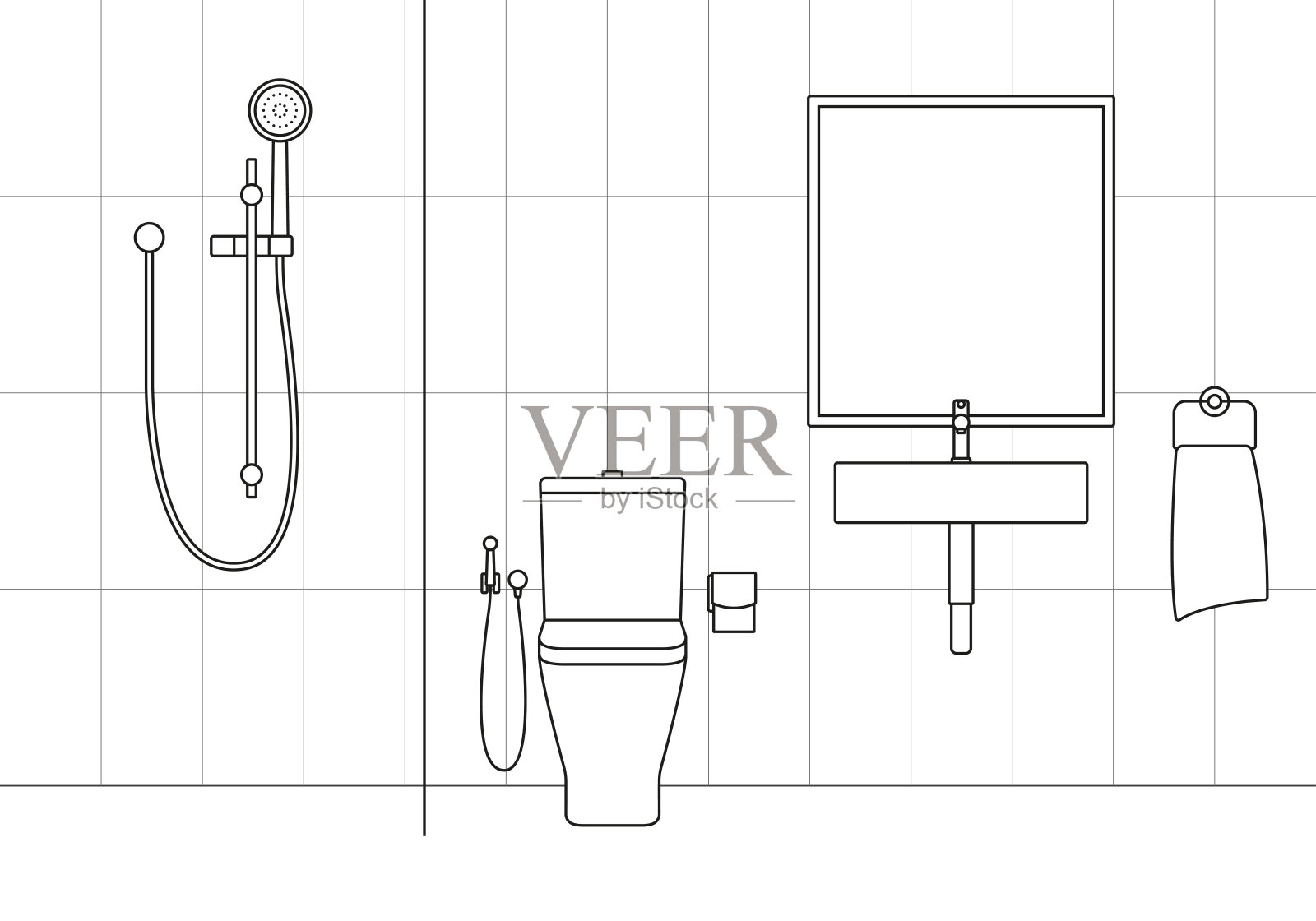 浴室内部有现代化的淋浴，水槽和马桶。最小线设计。矢量插图。插画图片素材