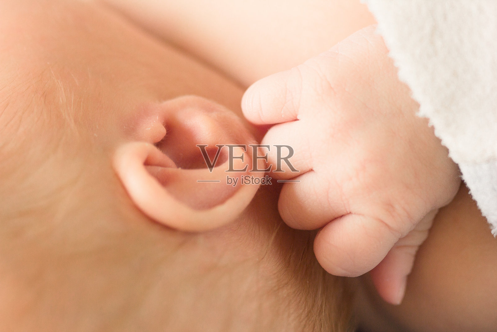 新生儿耳朵上的毛发，可爱，身体部位，微距镜头，特写。有选择性的重点照片摄影图片