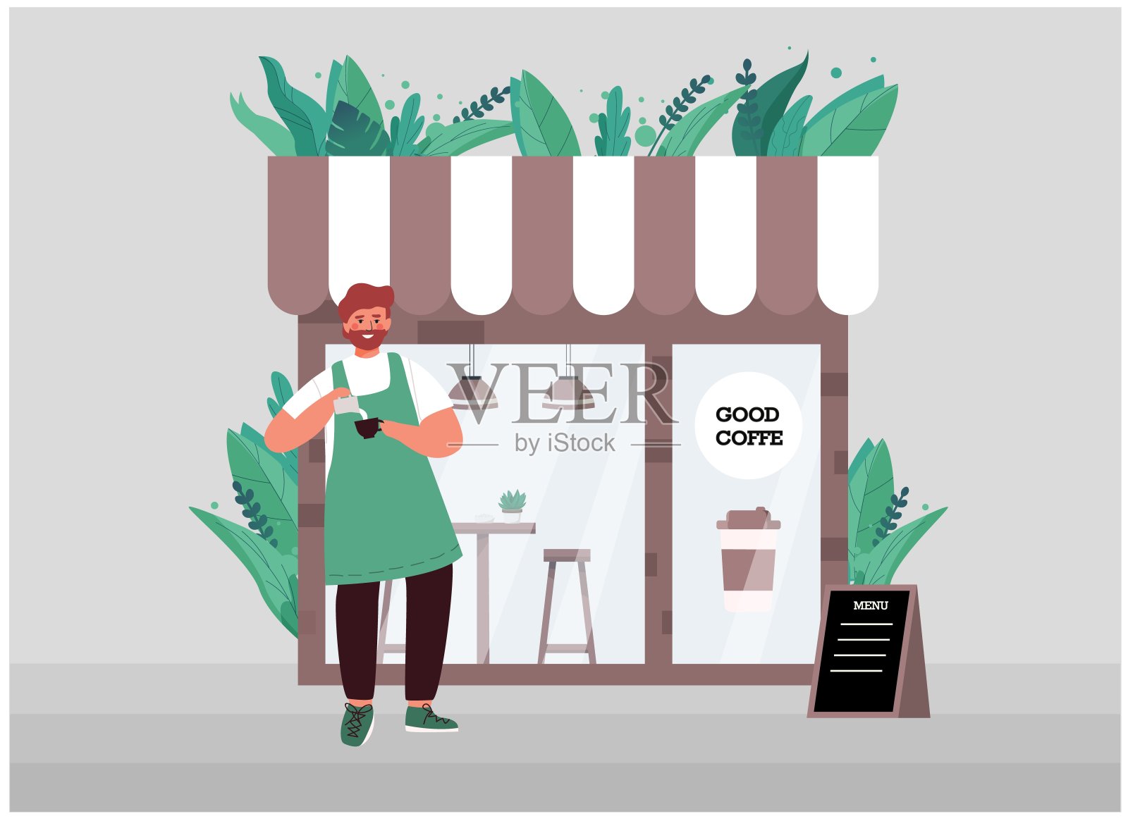 年轻的咖啡师戴着围裙，留着胡子，是一家小咖啡馆的老板，他在咖啡馆的窗口附近做着生态设计的咖啡，旁边是菜单桌和植物。业务矢量插图。插画图片素材