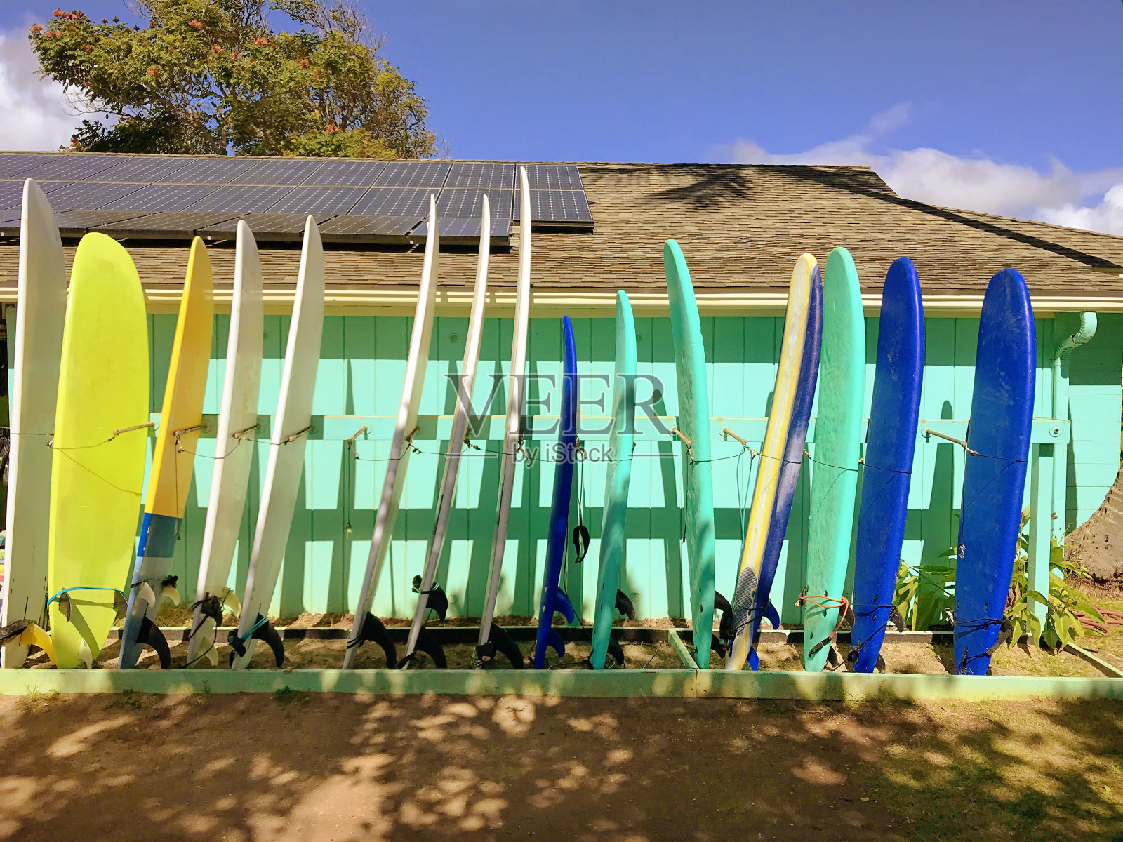 冲浪板陈列在夏威夷考艾岛海滩的运动器材租赁店照片摄影图片