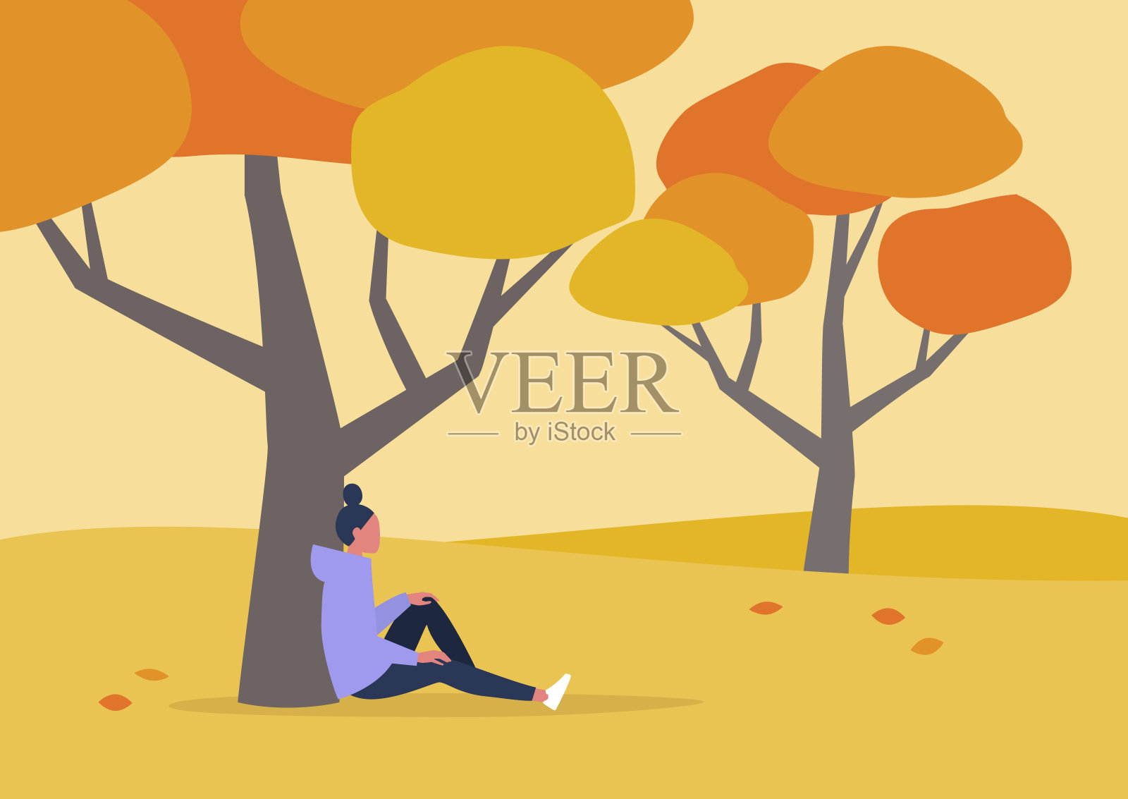 年轻女性人物坐在树下，秋日户外休闲，徒步旅行插画图片素材