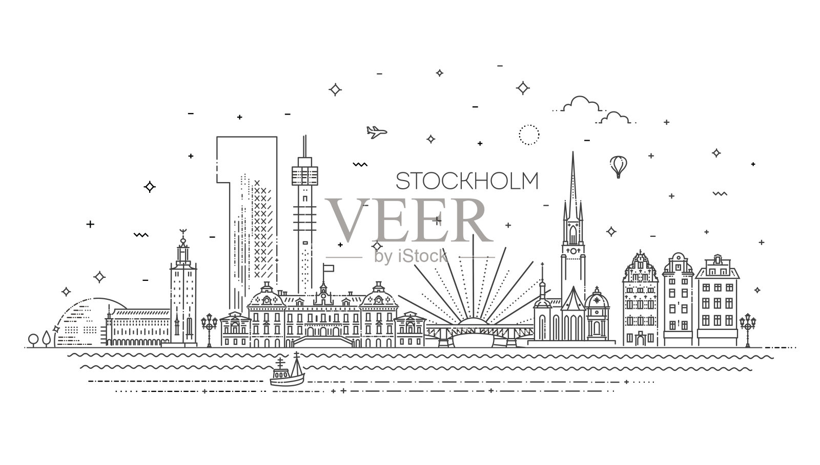 斯德哥尔摩线天际线与全景在白色背景设计元素图片