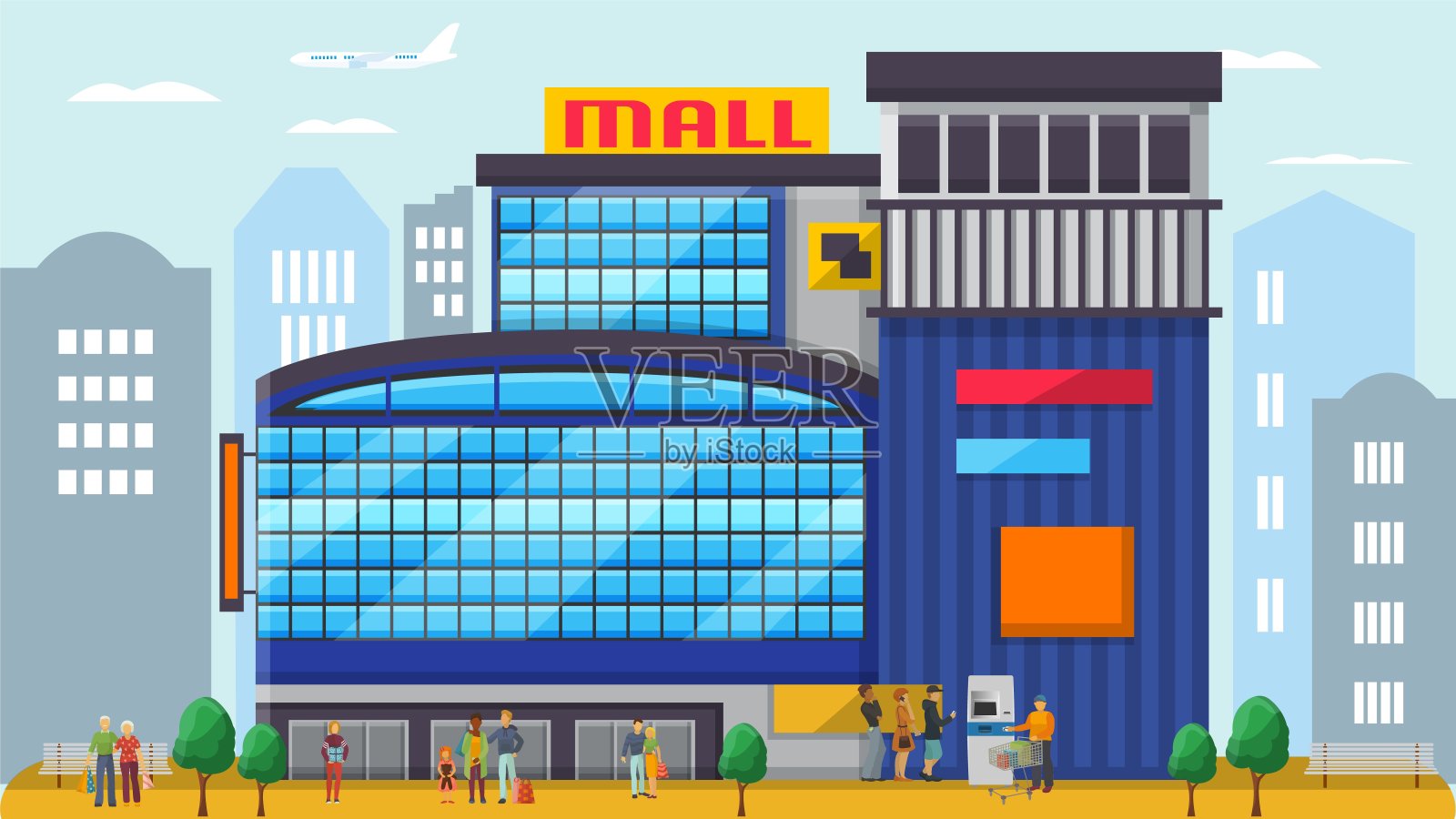 购物中心矢量插图。不同的人，买家，购物者，夫妇，家庭，男人，女人站在现代商场建筑的正面。插画图片素材