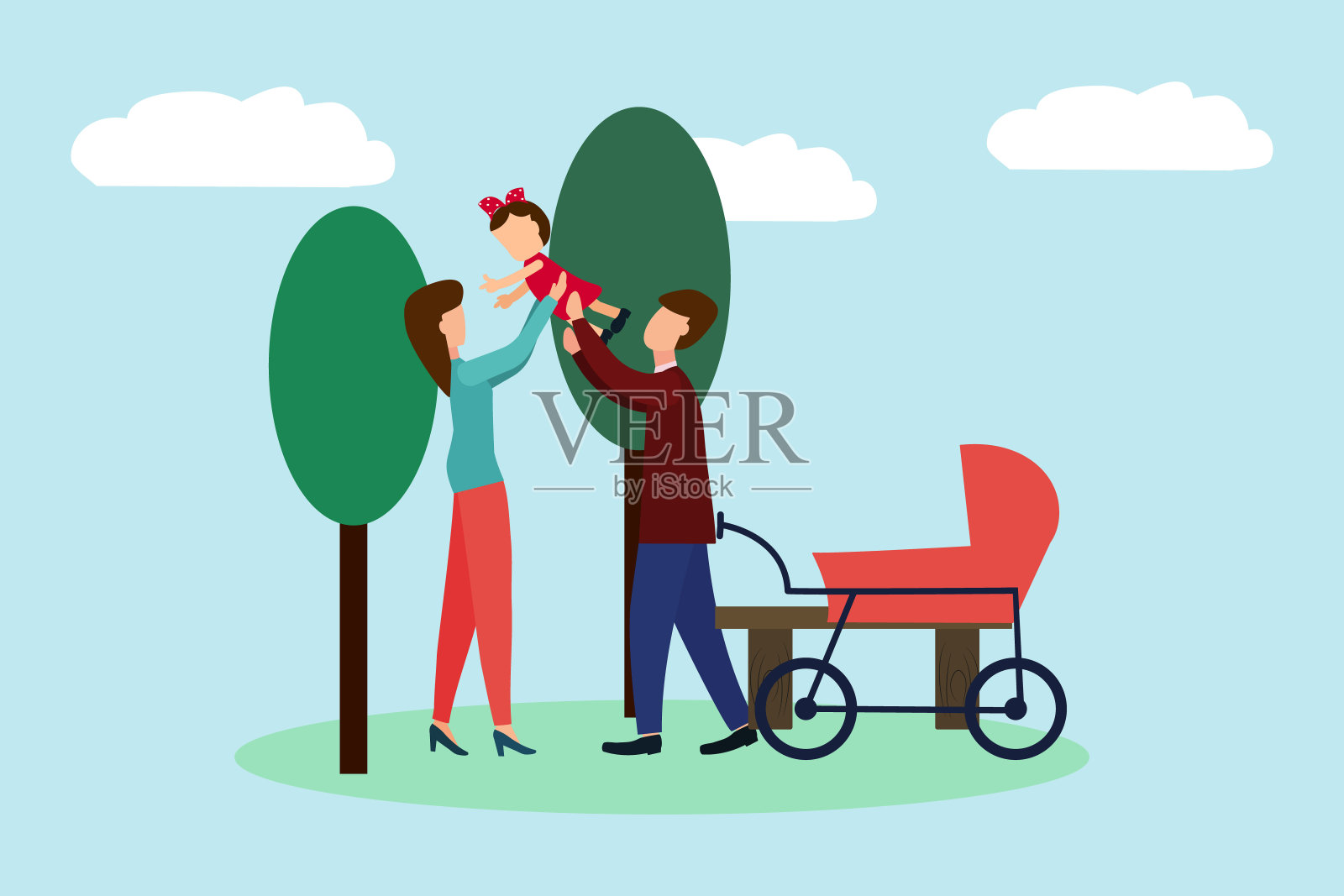 矢量插图的一个家庭，母亲，父亲，女儿正在公园散步。完整的幸福的家庭。插画图片素材