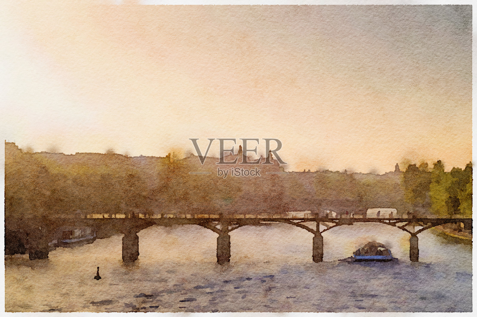 巴黎艺术桥(Pont des Arts)上的水彩滤镜效果，也被称为Passerelle des Arts，位于巴黎第一区。偶然出现的人在图像中可见。照片摄影图片