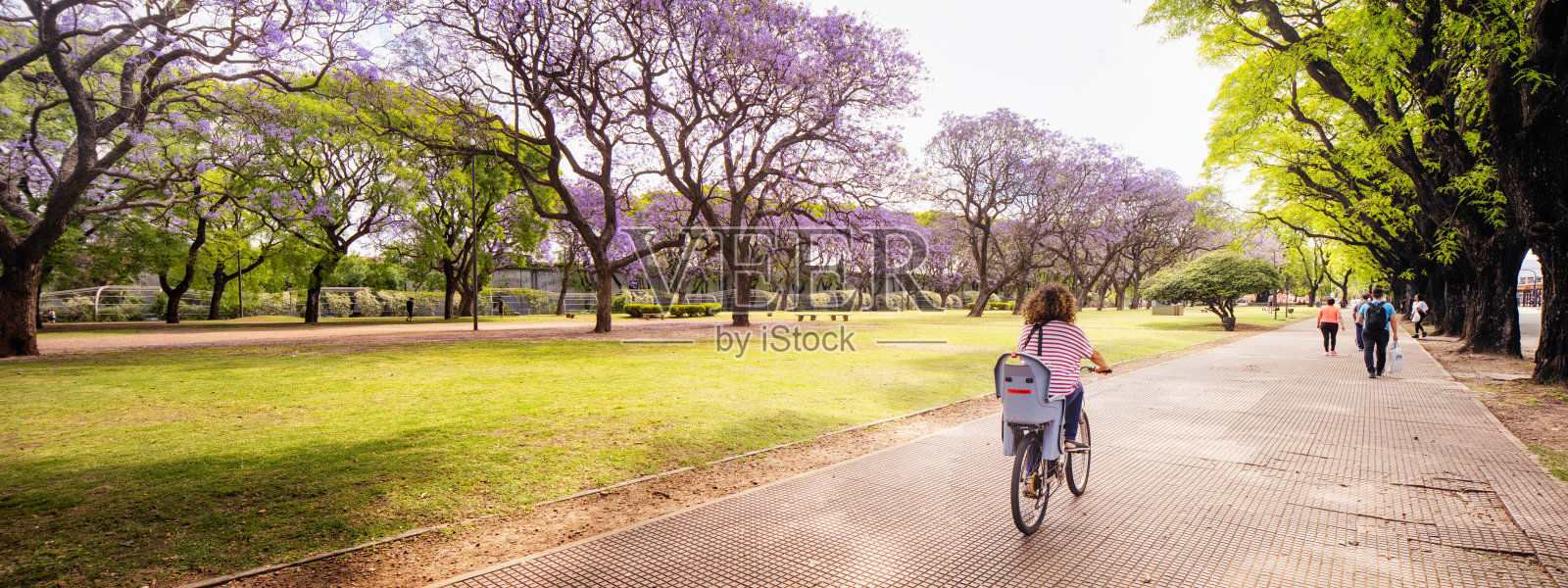 布宜诺斯艾利斯奇卡里塔公园的全景与一个女自行车手照片摄影图片