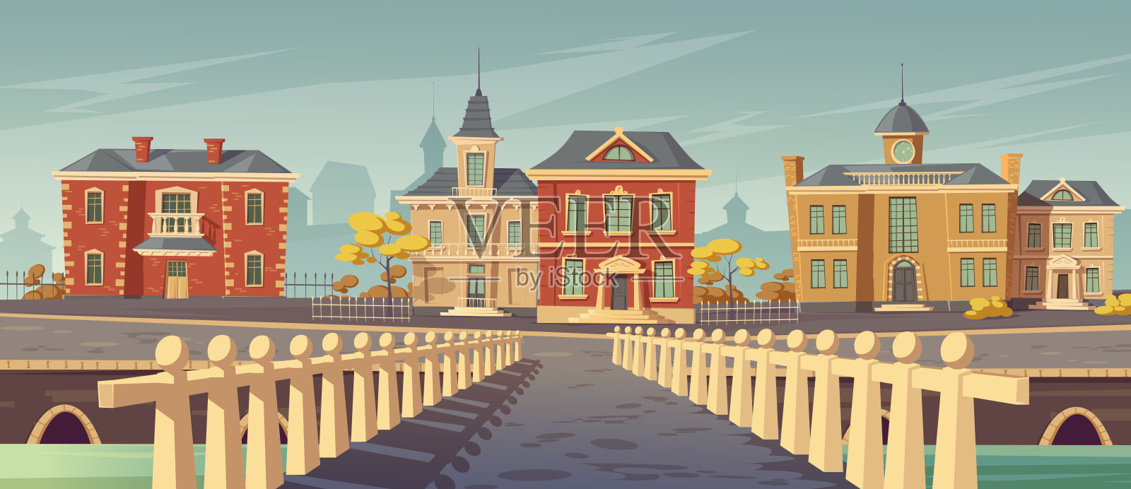 桥上铆钉和长廊古老的欧洲城镇插画图片素材