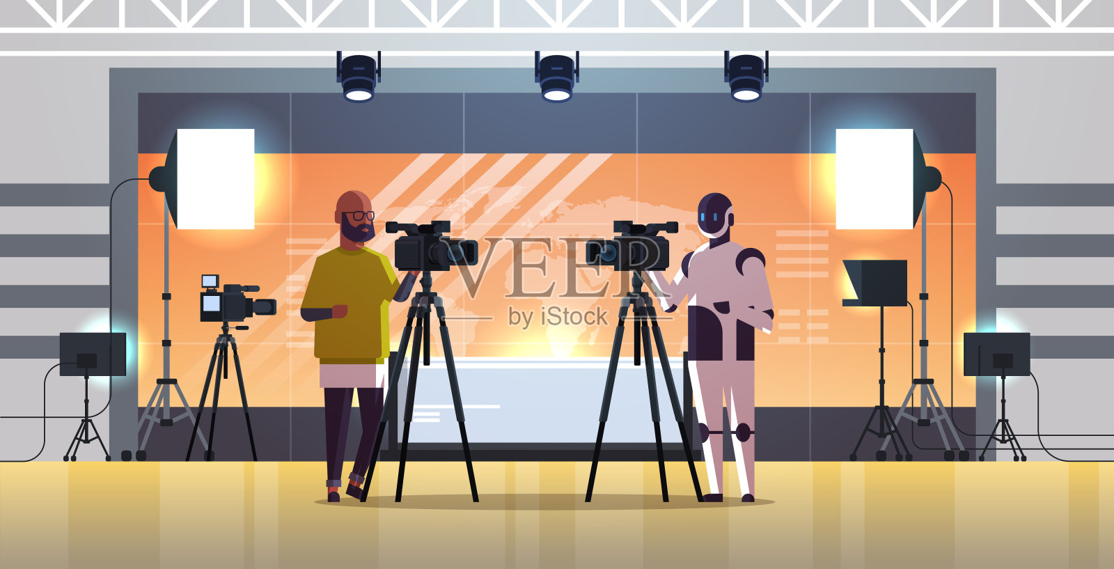 机器人操作员与摄影师使用摄像机在三脚架上机器人vs人类站在一起，广播人工智能技术概念新闻演播室室内全长水平插画图片素材