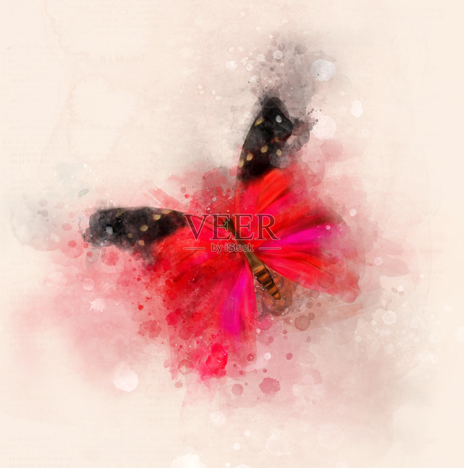 复古背景上的红色蝴蝶插画图片素材