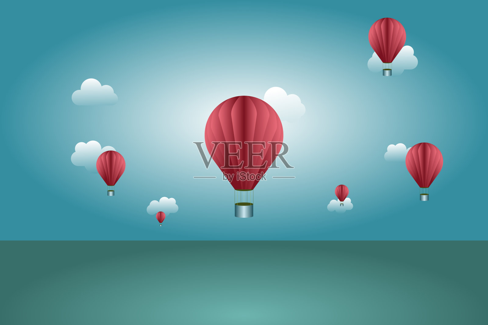蓝色的天空中漂浮着红色的气球。插画图片素材