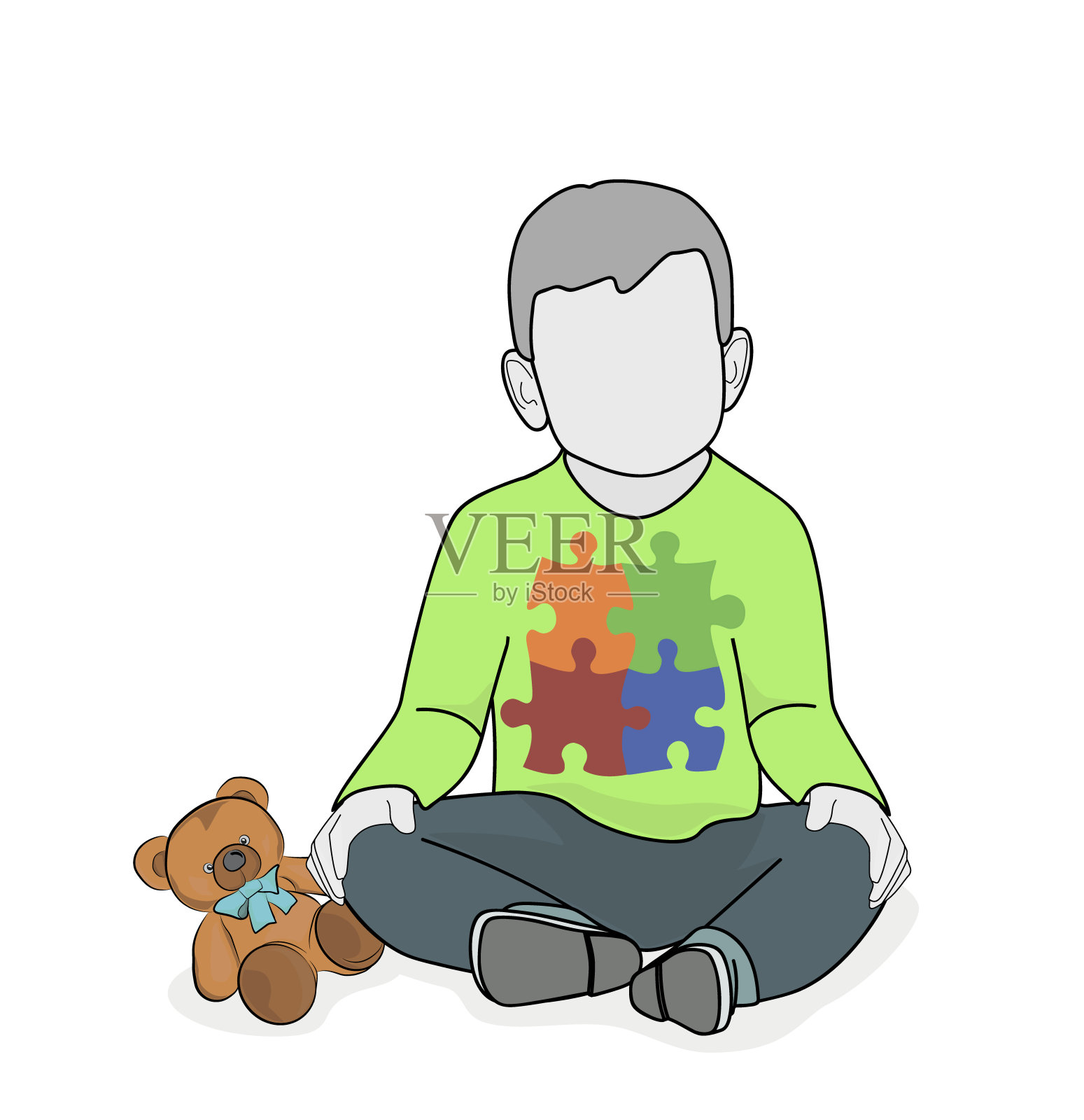 小男孩和一只泰迪熊坐在一起。在一件t恤拼图上，有一个自闭症的象征。矢量插图。设计元素图片