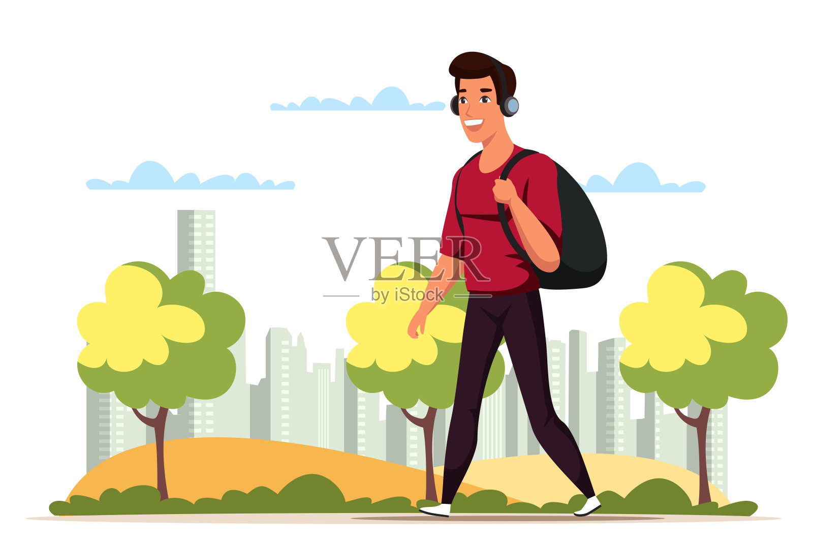 戴着耳机背着背包在公园里散步的男人设计元素图片
