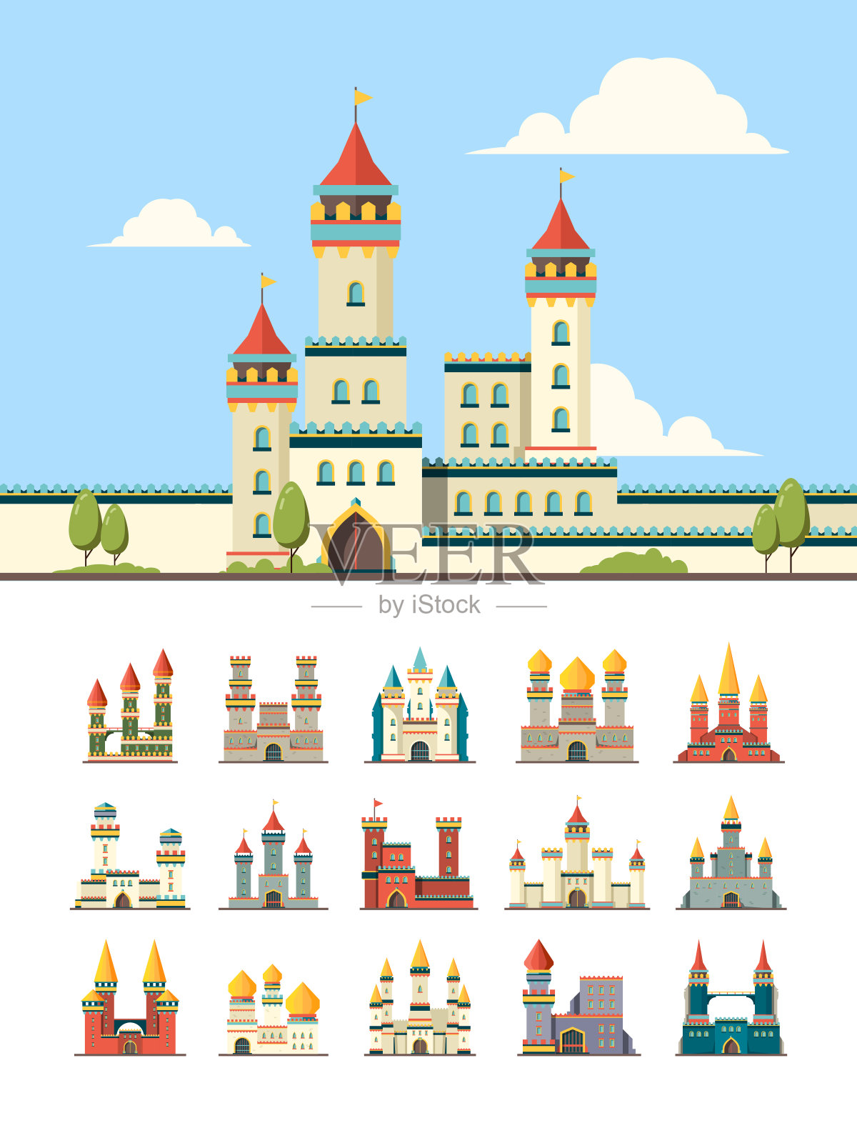 中世纪的城堡。老宫楼、山塔矢量平面插图插画图片素材