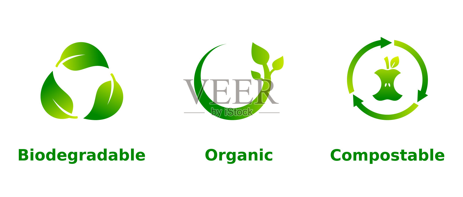 可生物降解，有机，可堆肥的图标集。白色背景上的三个绿色渐变环保标志。图标素材