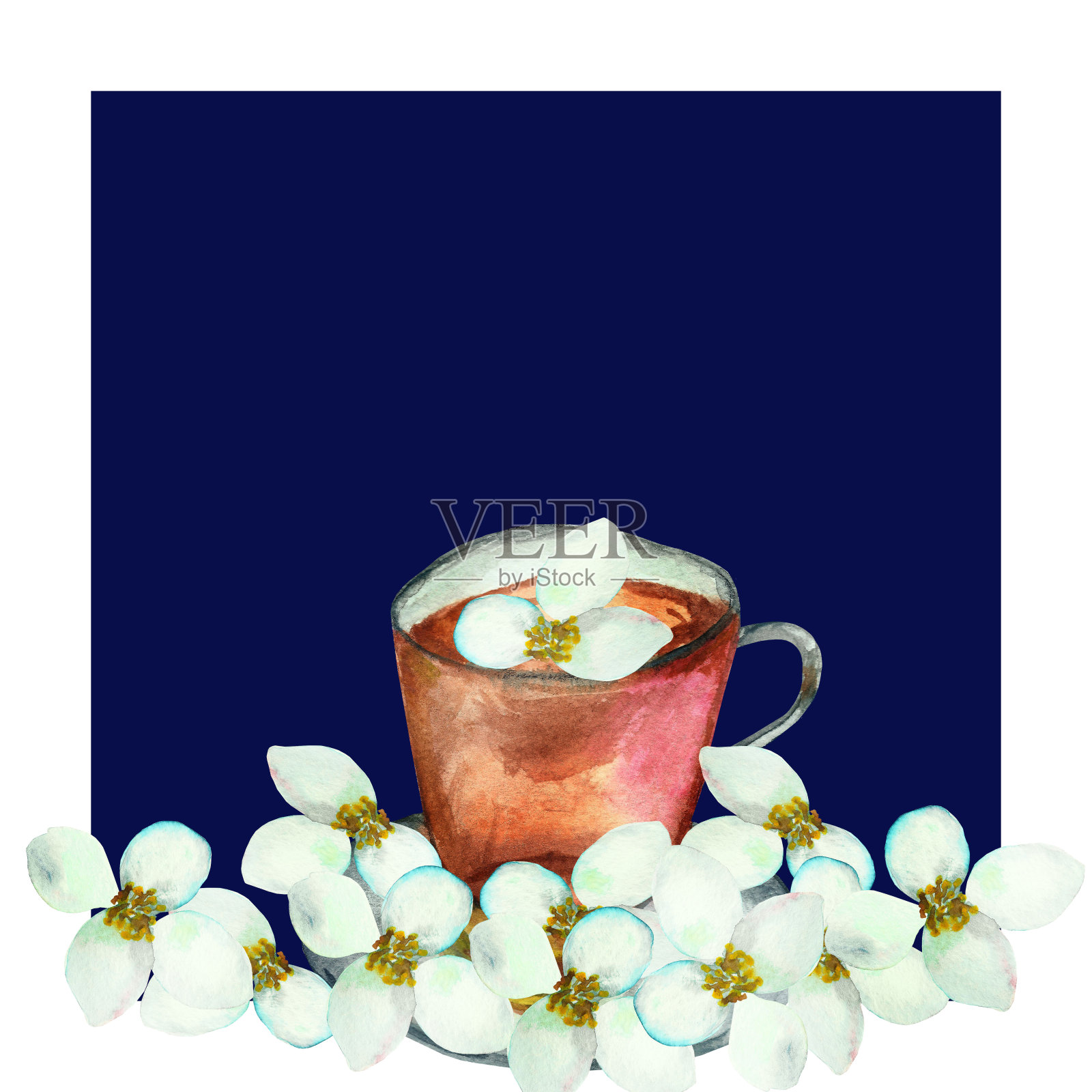 水彩手画自然花卉饮料组成杯红茶与白色的茉莉花在蓝色的背景邀请和问候卡与文字的空间设计元素图片
