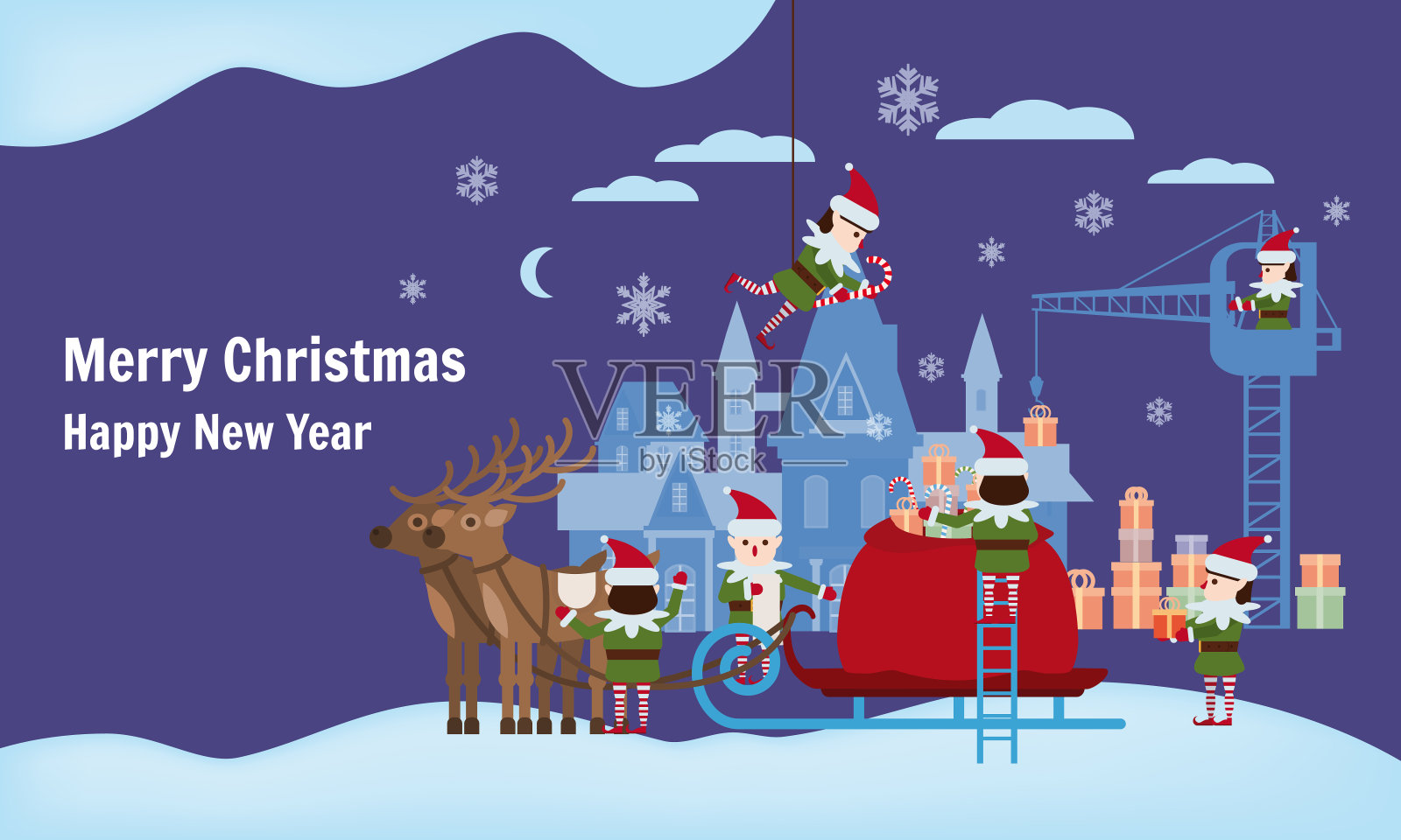 圣诞快乐，恭贺新禧。精灵助手在圣诞老人的袋子里收集礼物，雪橇上有神话般的鹿，圣诞老人的宫殿在后面。登陆页面的登陆模板。海报，寒假的横幅。矢量图,我插画图片素材