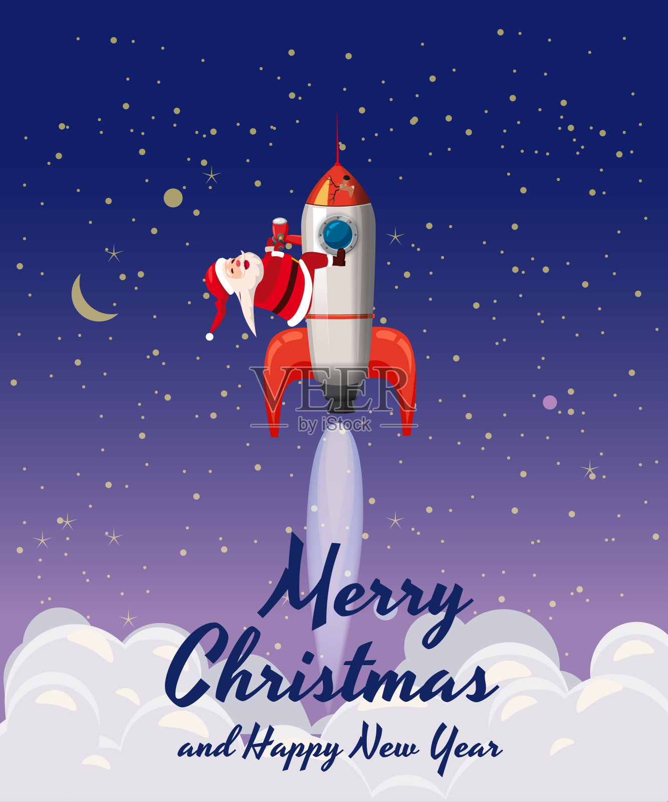 圣诞老人乘坐火箭绕地球飞行，圣诞快乐，新年快乐。冬天，星星，矢量，插图，问候，横幅，海报，孤立插画图片素材