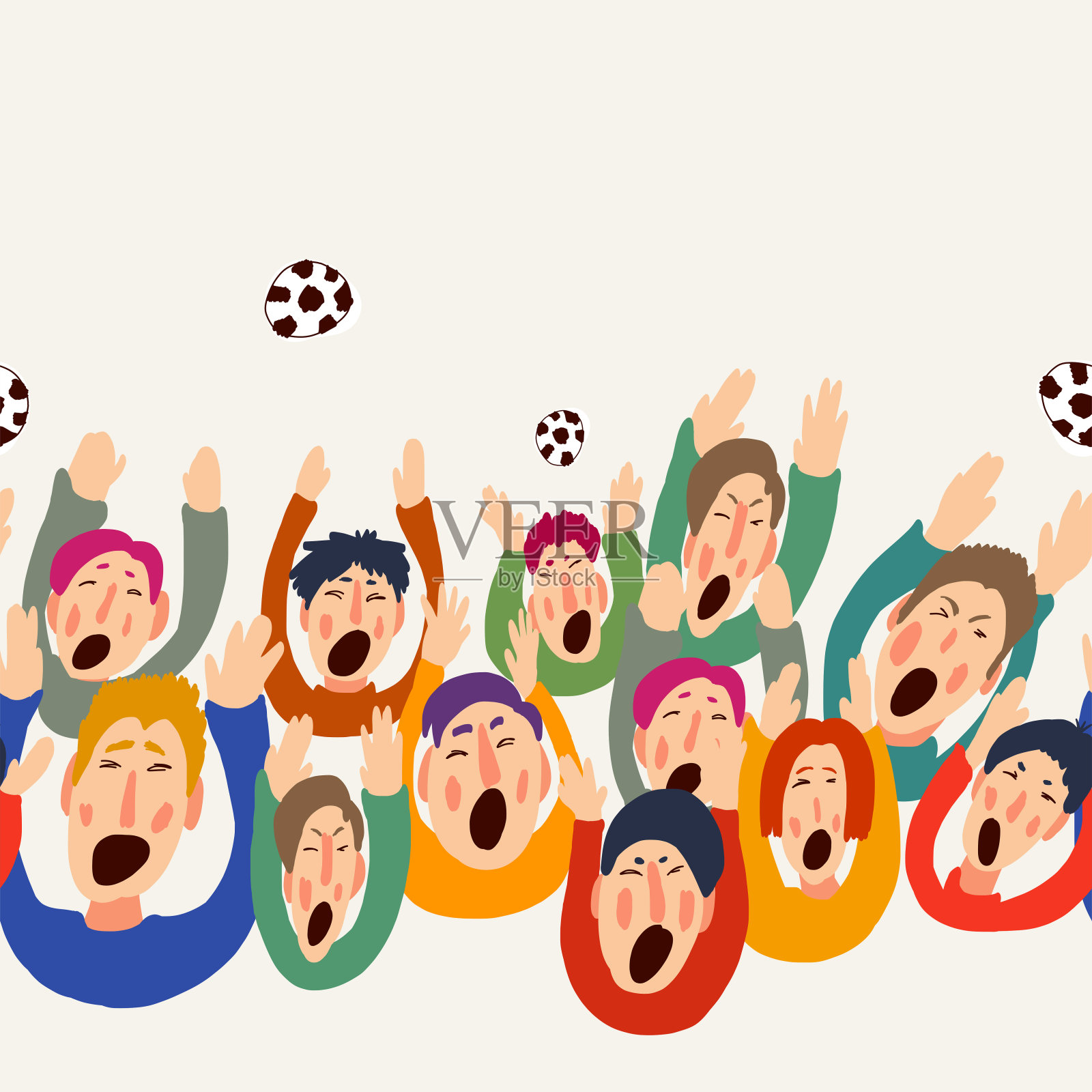 足球矢量球迷，可爱的彩色无缝边框插画图片素材