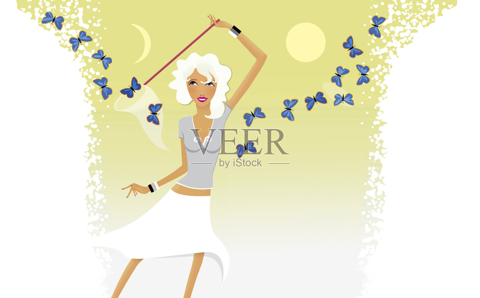 星座时尚女士。白羊座的女孩捉了一个蓝色蝴蝶的网。插画图片素材