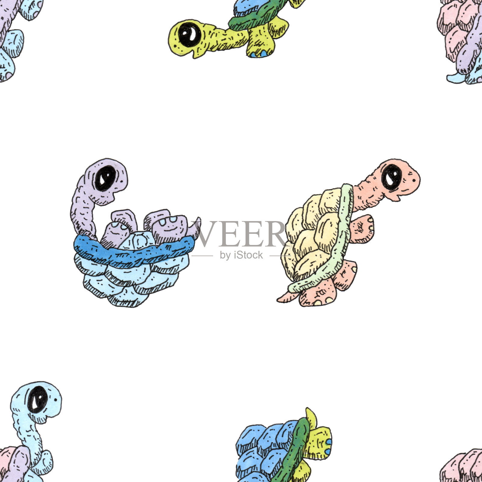 可爱的卡通插图乌龟乌龟在白色的背景无缝重复模式插画图片素材