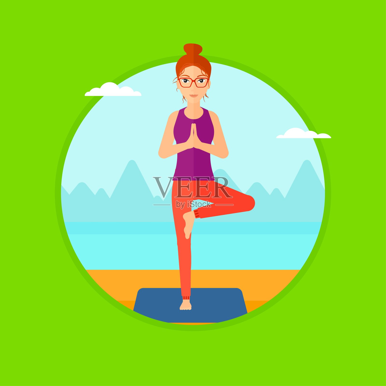 女人在海滩上练习瑜伽树姿势插画图片素材