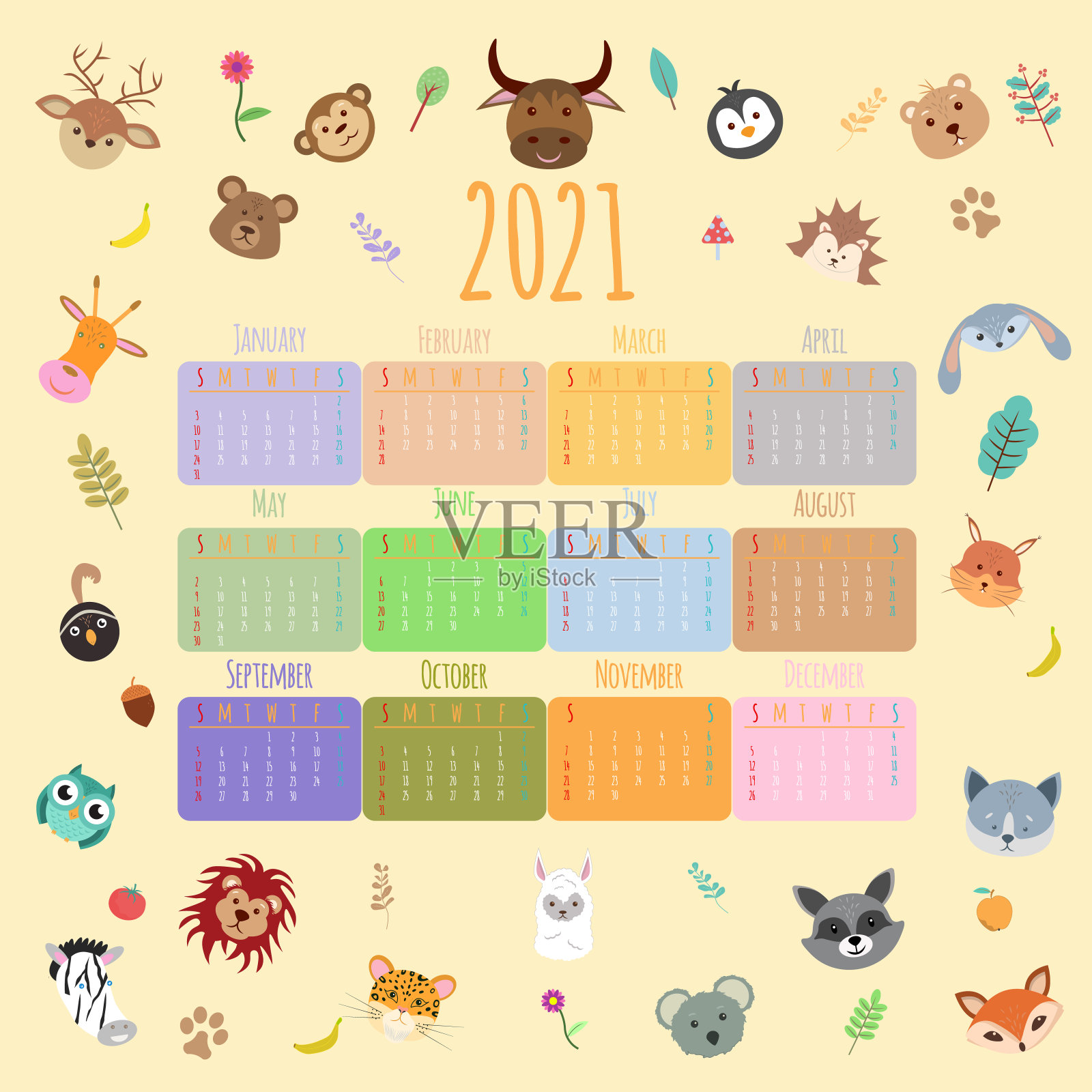 动物2021年日历。漂亮，可爱的动物，扁平的卡通人物。色彩斑斓的矢量图设计模板素材