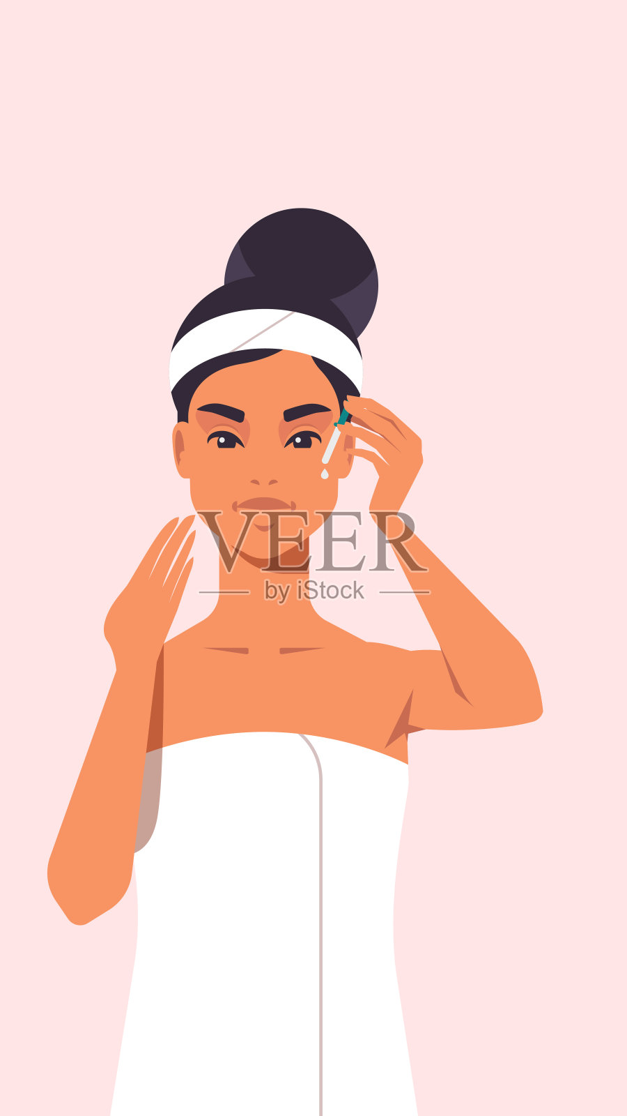 年轻女子滴眼液穿着毛巾女孩与清洁新鲜的皮肤护肤spa放松面部护理概念肖像插画图片素材
