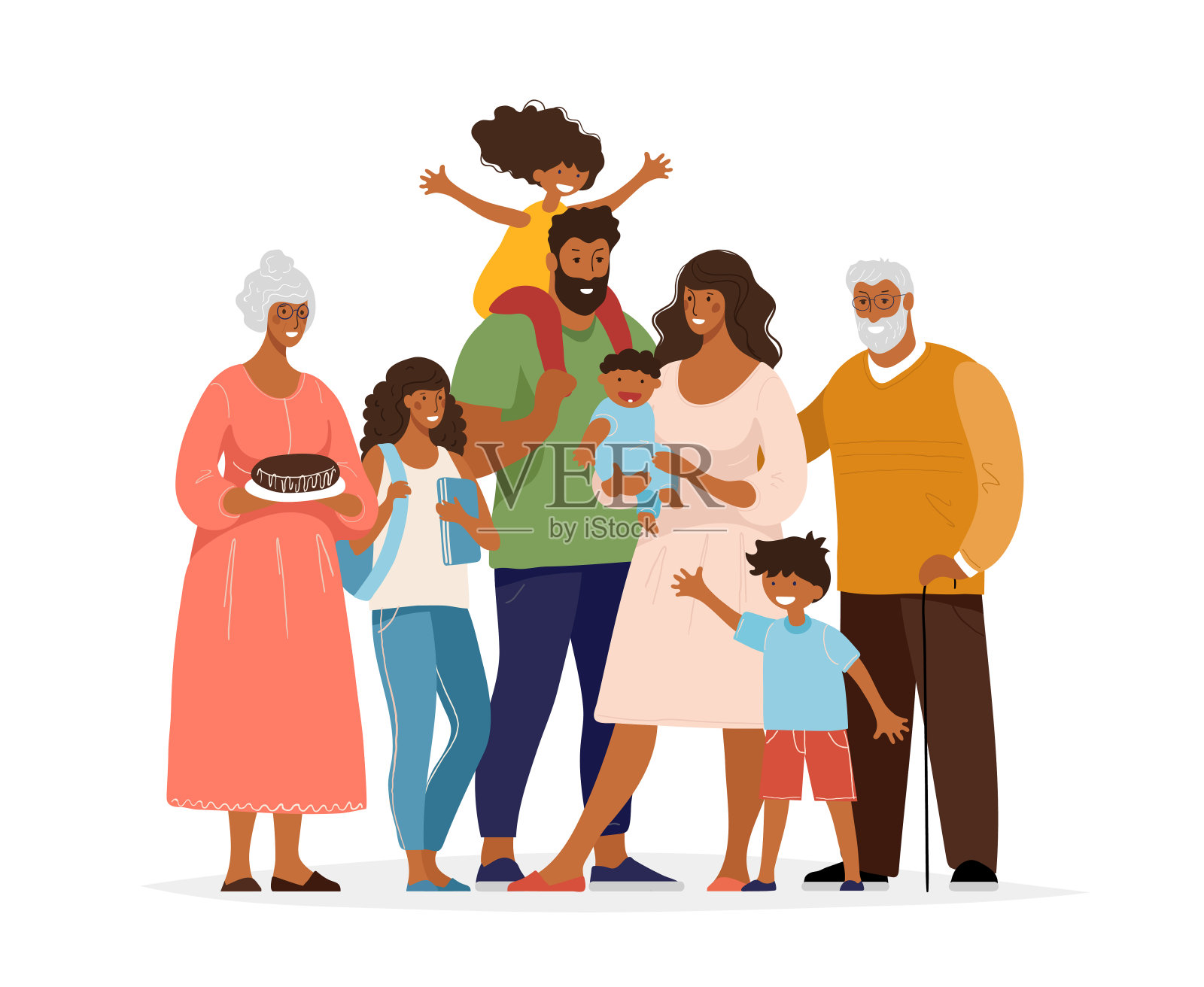 一个黑人大家庭，不同的世代，孩子，父母，孙子，祖父母。亲人会拥抱和微笑。平面卡通人物矢量插图。插画图片素材