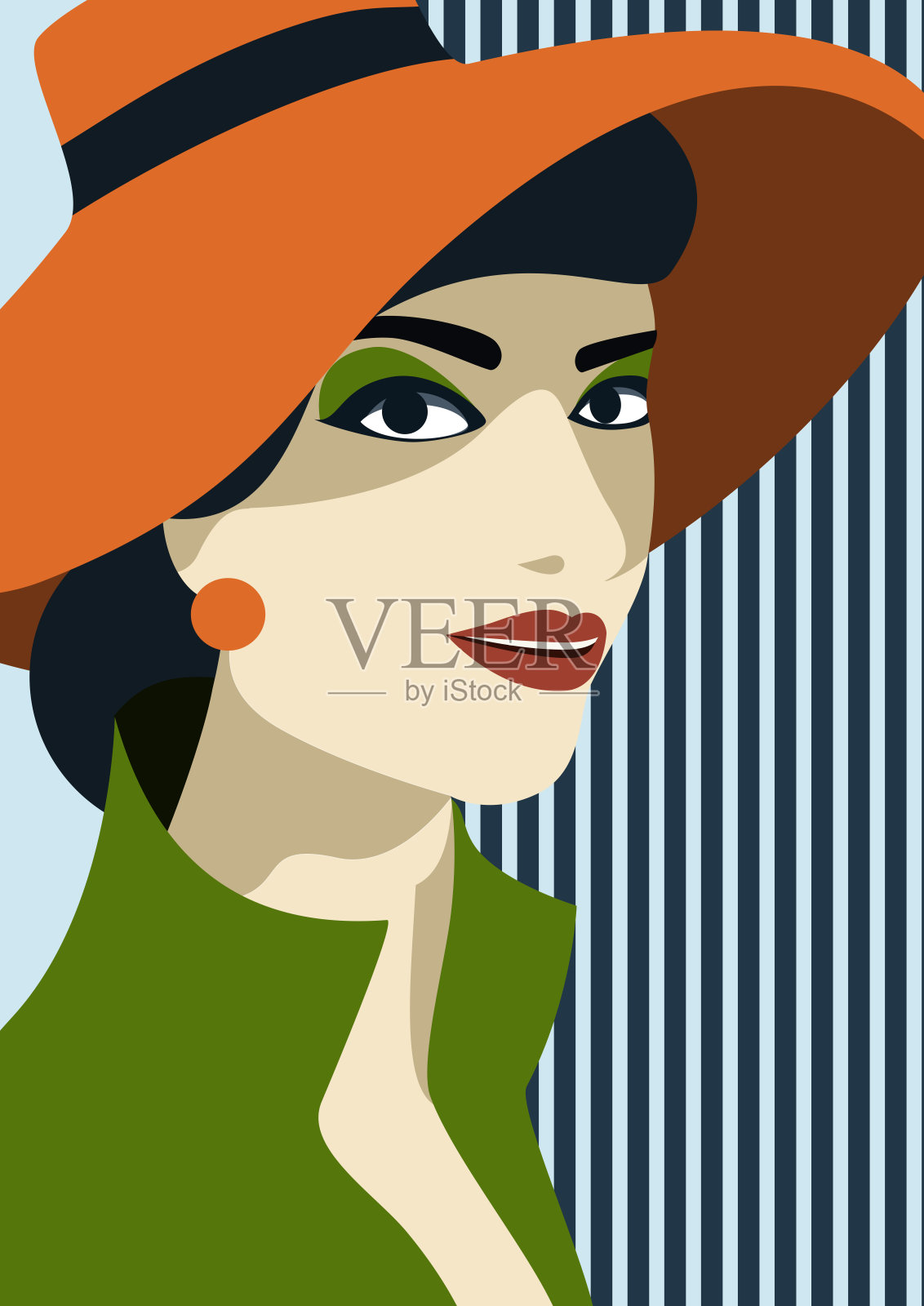 年轻美丽的女子肖像与现代绿色太阳镜戴大橙色帽子防晒，度假旅游的概念插画图片素材