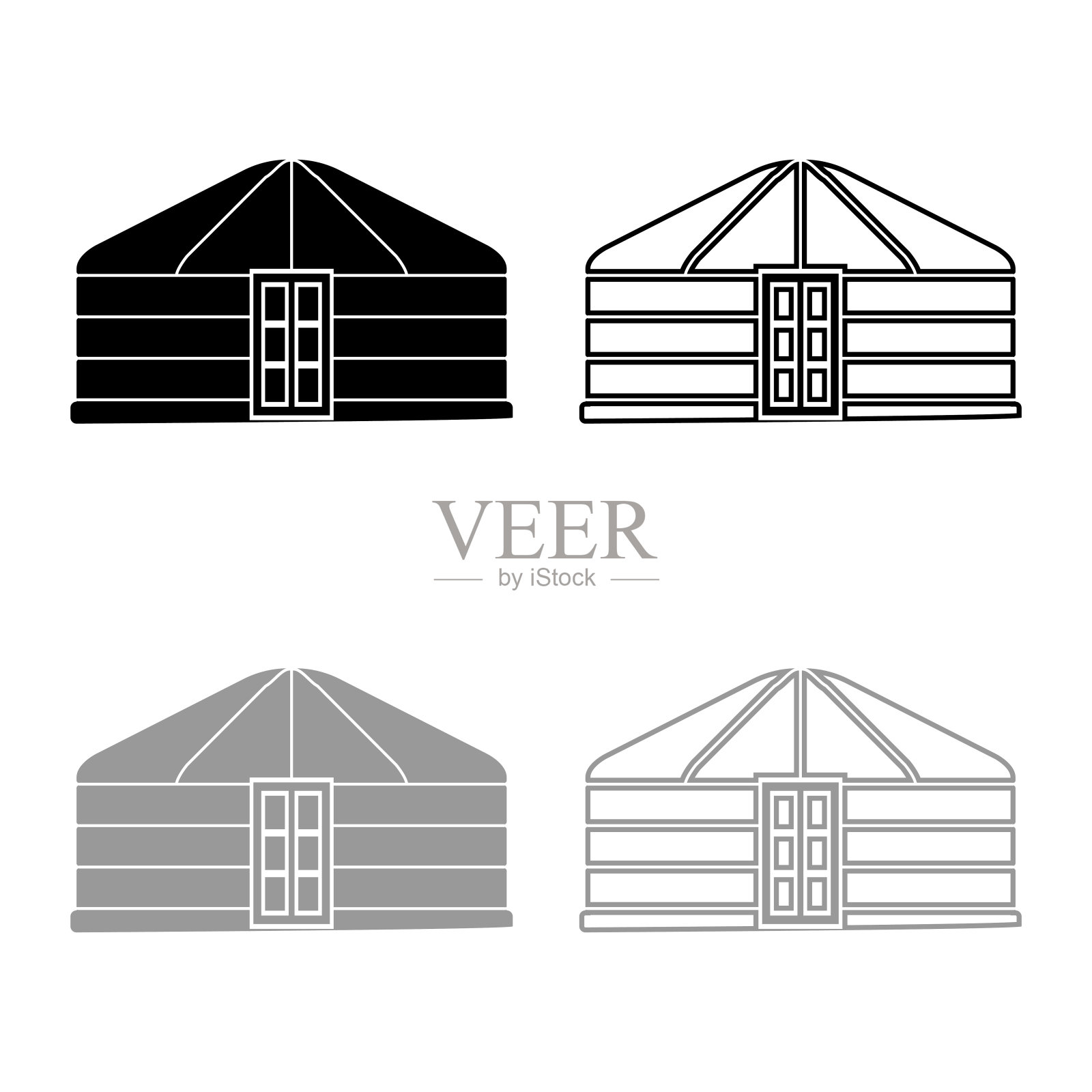 蒙古包牧民便携式框架住所与门蒙古帐篷覆盖建筑图标轮廓设置黑色灰色矢量插图平面风格的形象插画图片素材