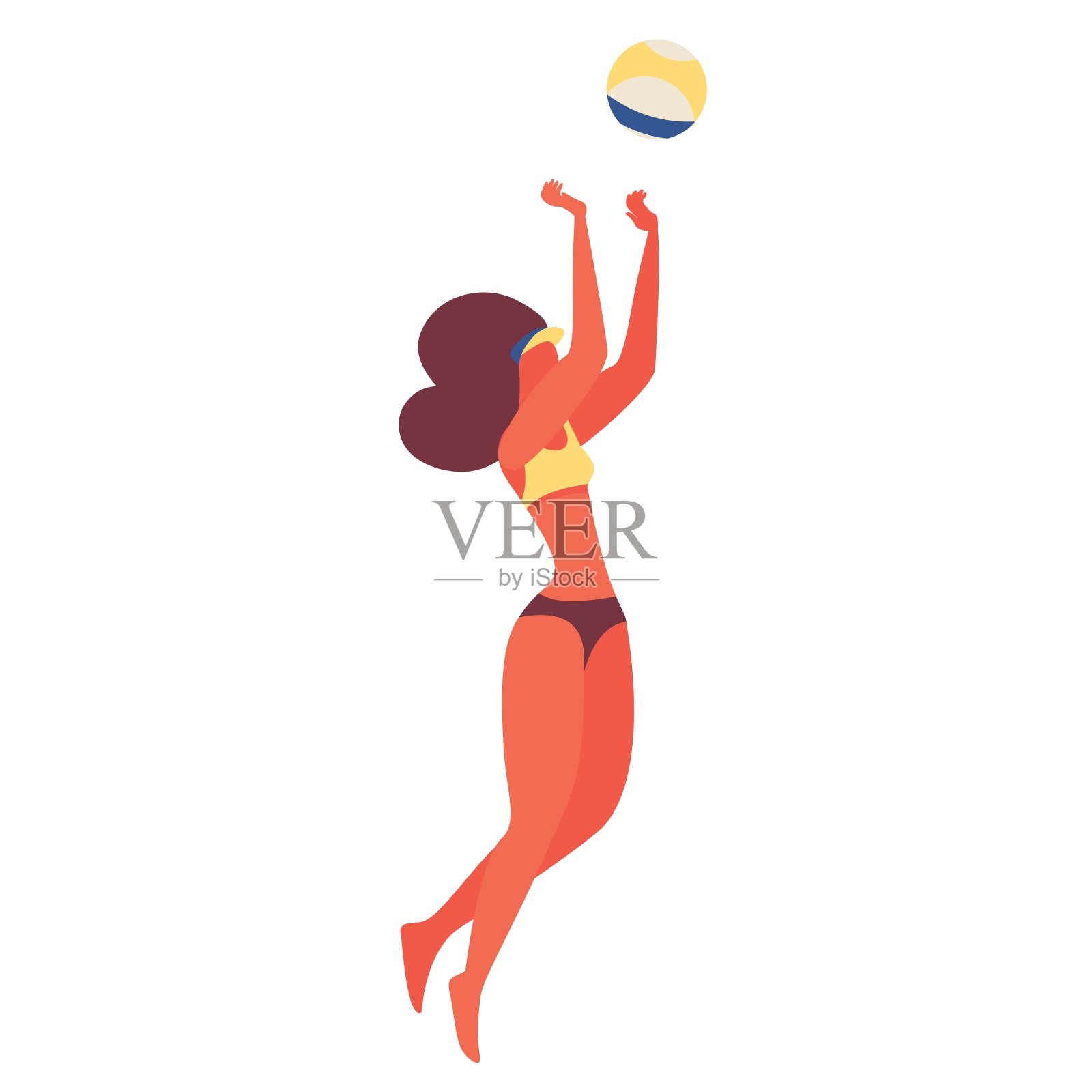 年轻女子在玩沙滩排球。跳跃角色在泳衣孤立的白色背景。矢量插图。设计元素图片