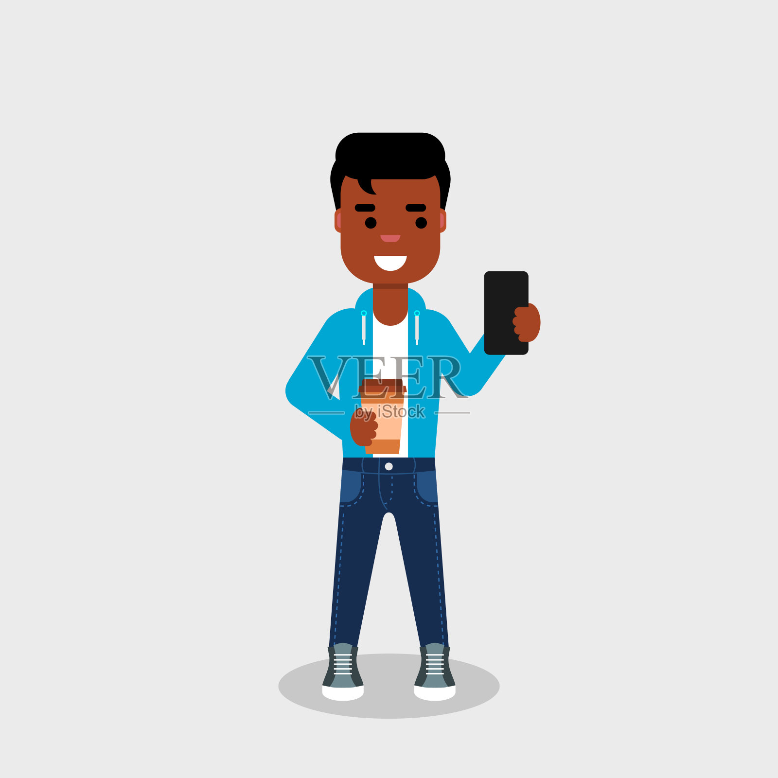 一位年轻的非裔美国人手里拿着咖啡，一边看他的手机。插画图片素材