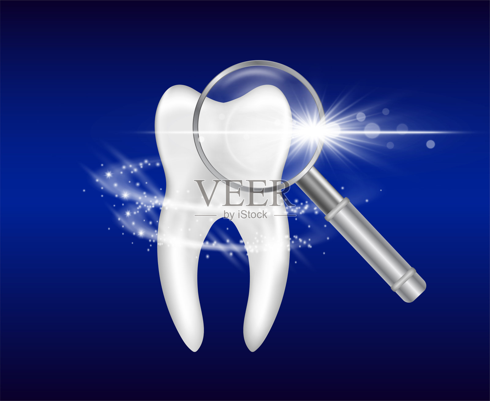 牙医的广告提供牙齿美白，治疗龋齿。矢量海报装饰白色闪亮的漩涡和3d放大镜。专业治疗的概念。先进的医疗手段，保证插画图片素材