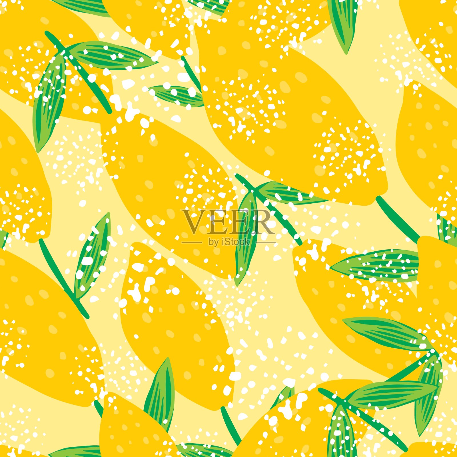 有趣的柠檬与叶子无缝图案在黄色的背景。插画图片素材
