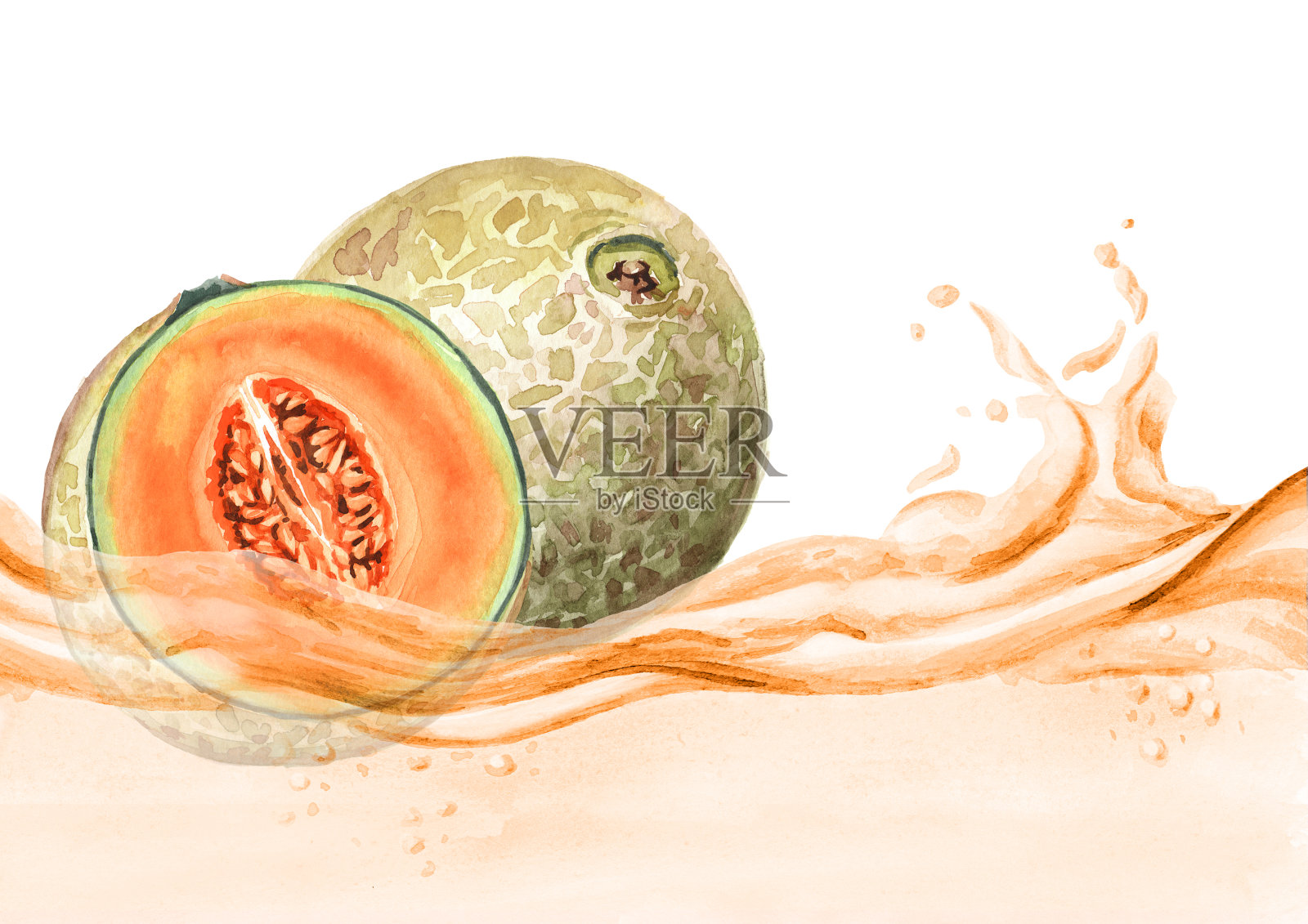 鲜甜瓜上一波果汁，水彩手绘插画插画图片素材