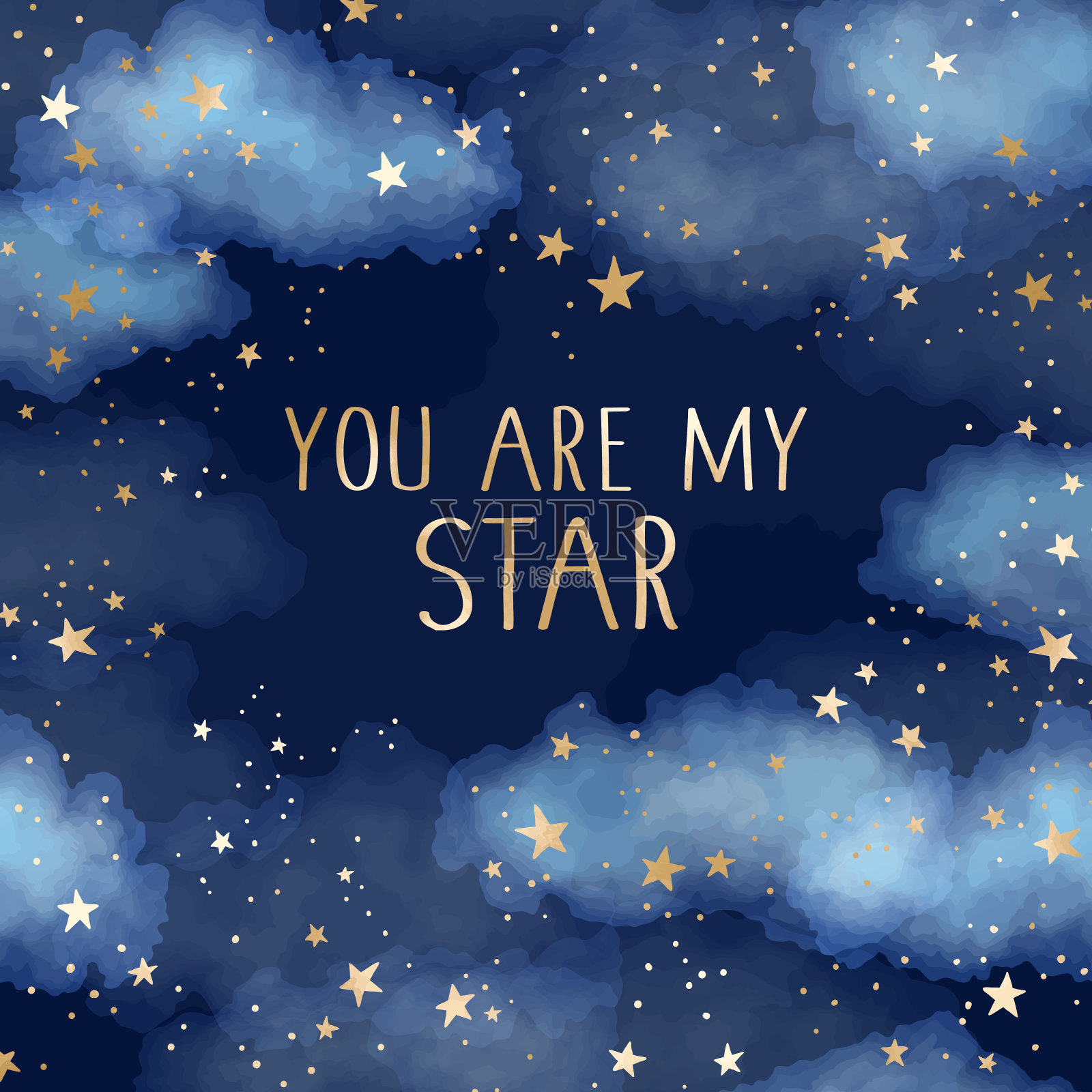 你是我的星向量空间背景与金色的星座和云彩。水彩夜空插图插画图片素材