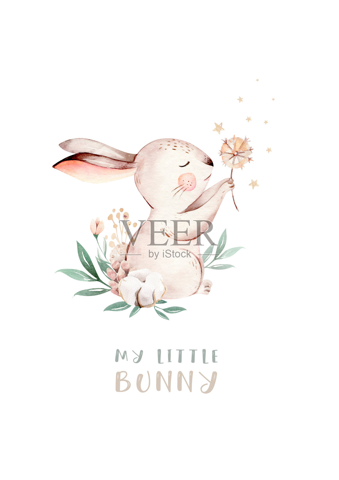 复活节快乐小兔子设计与春天的花朵。兔子兔孩子插图孤立。手绘复活节卡通森林兔子动物兔子节日滑稽装饰。托儿所的海报设计。设计元素图片