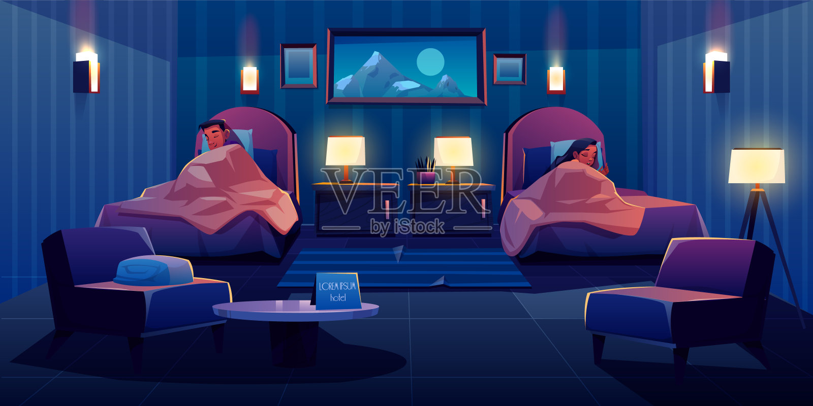 一对年轻夫妇穿着酒店的西装，睡在分开的床上插画图片素材
