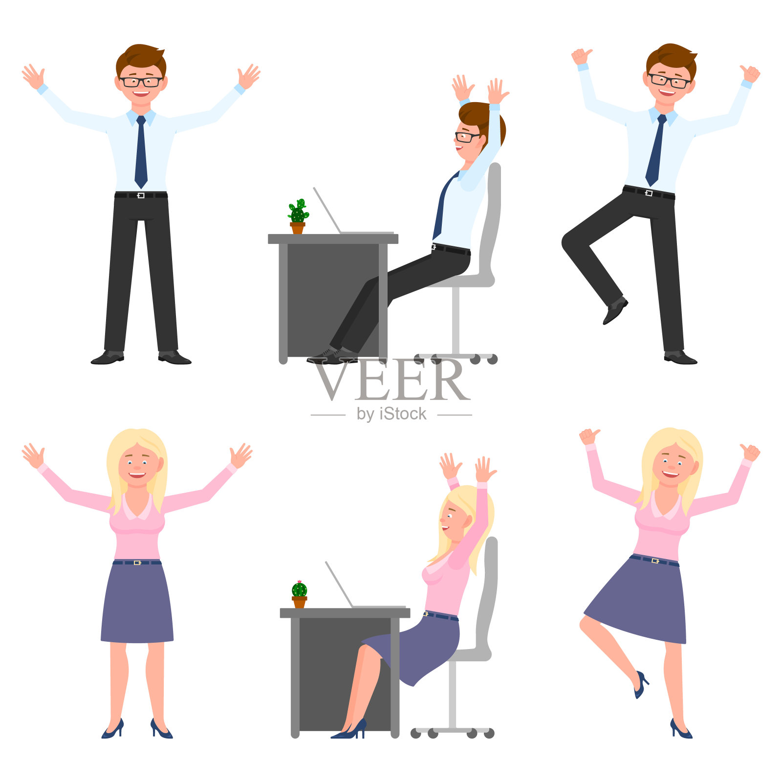 快乐，微笑，跳跃的年轻办公室男女矢量插图。蹦蹦跳跳，举起手来，玩得开心，坐在桌子旁的男孩和女孩卡通人物设置在白色插画图片素材
