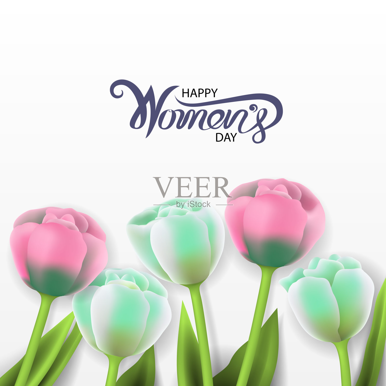 国际妇女节快乐与鲜花贺卡。背景上是粉红色和白色的郁金香。妇女节用鲜花来装饰。矢量图插画图片素材