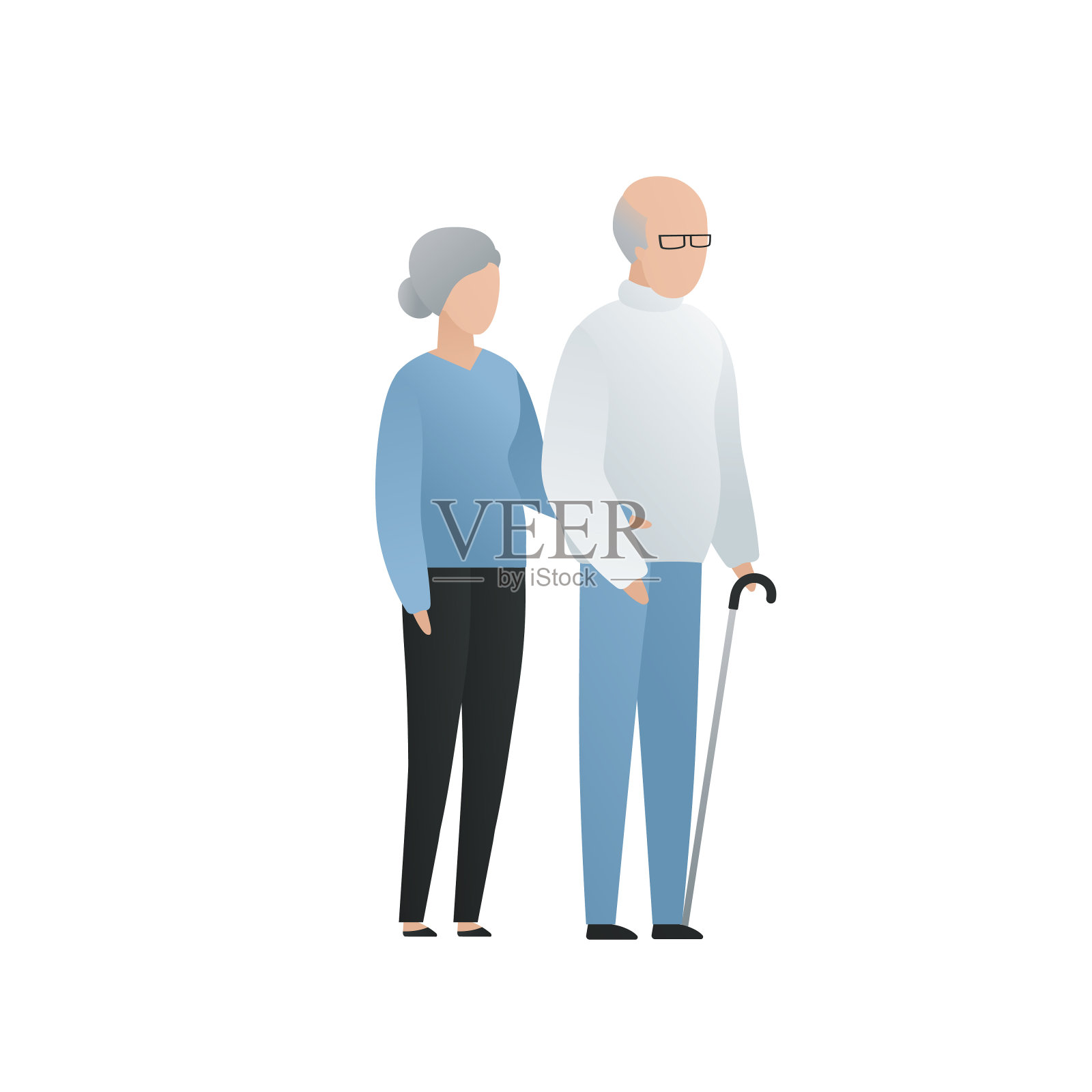 向量现代平老家庭人物插图。可爱的老夫妇男女停留和手孤立在白色的背景。白发和手杖的老年人设计元素图片