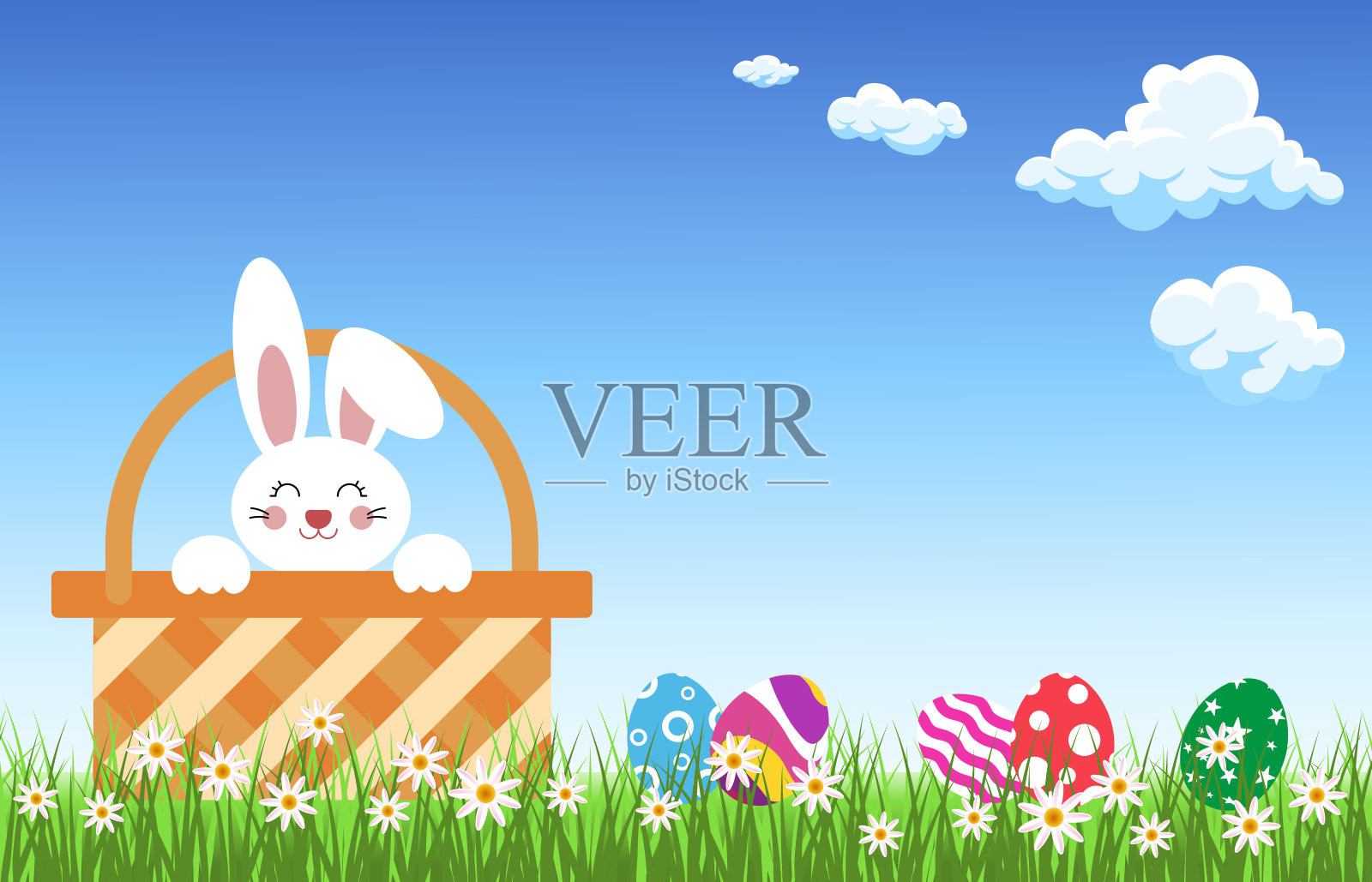 篮子里的兔子和装饰好的鸡蛋。插画图片素材