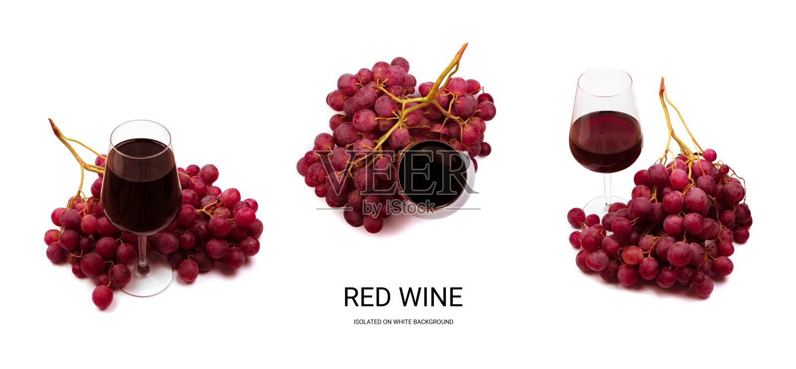 一套红葡萄酒酒杯和葡萄孤立在白色的背景照片摄影图片