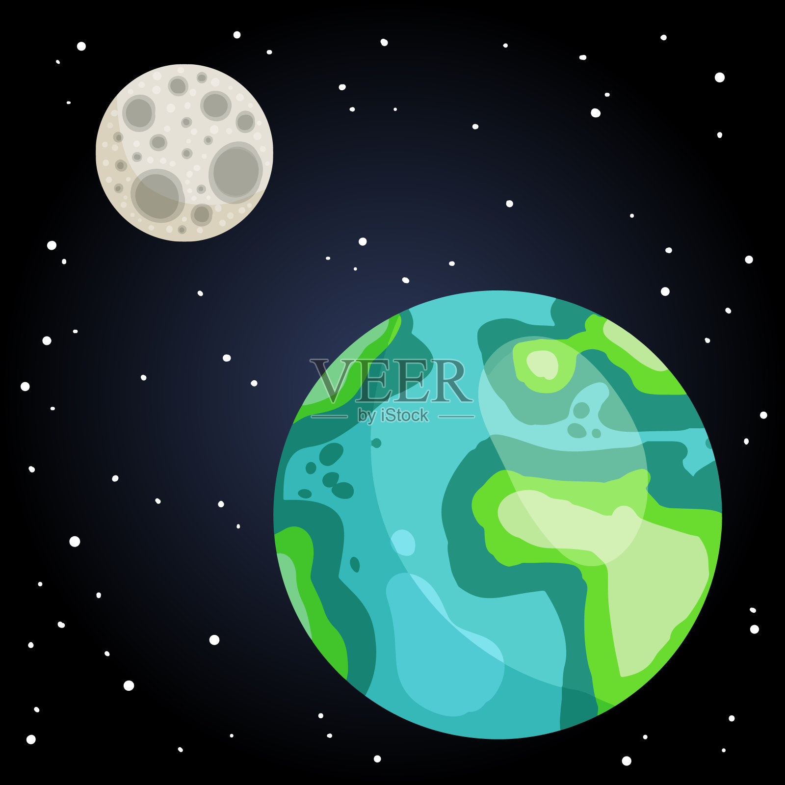 程式化的行星地球和月球卫星视图从太空插图。宇宙行星卡通矢量图像。天文艺术形象插画图片素材
