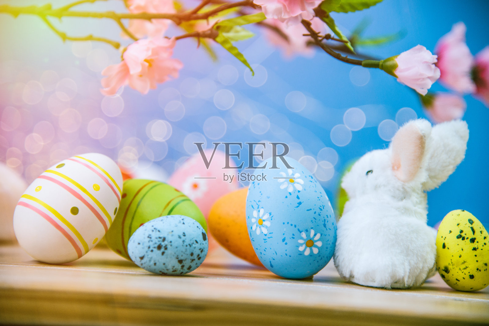 复活节彩蛋和白色小兔子照片摄影图片