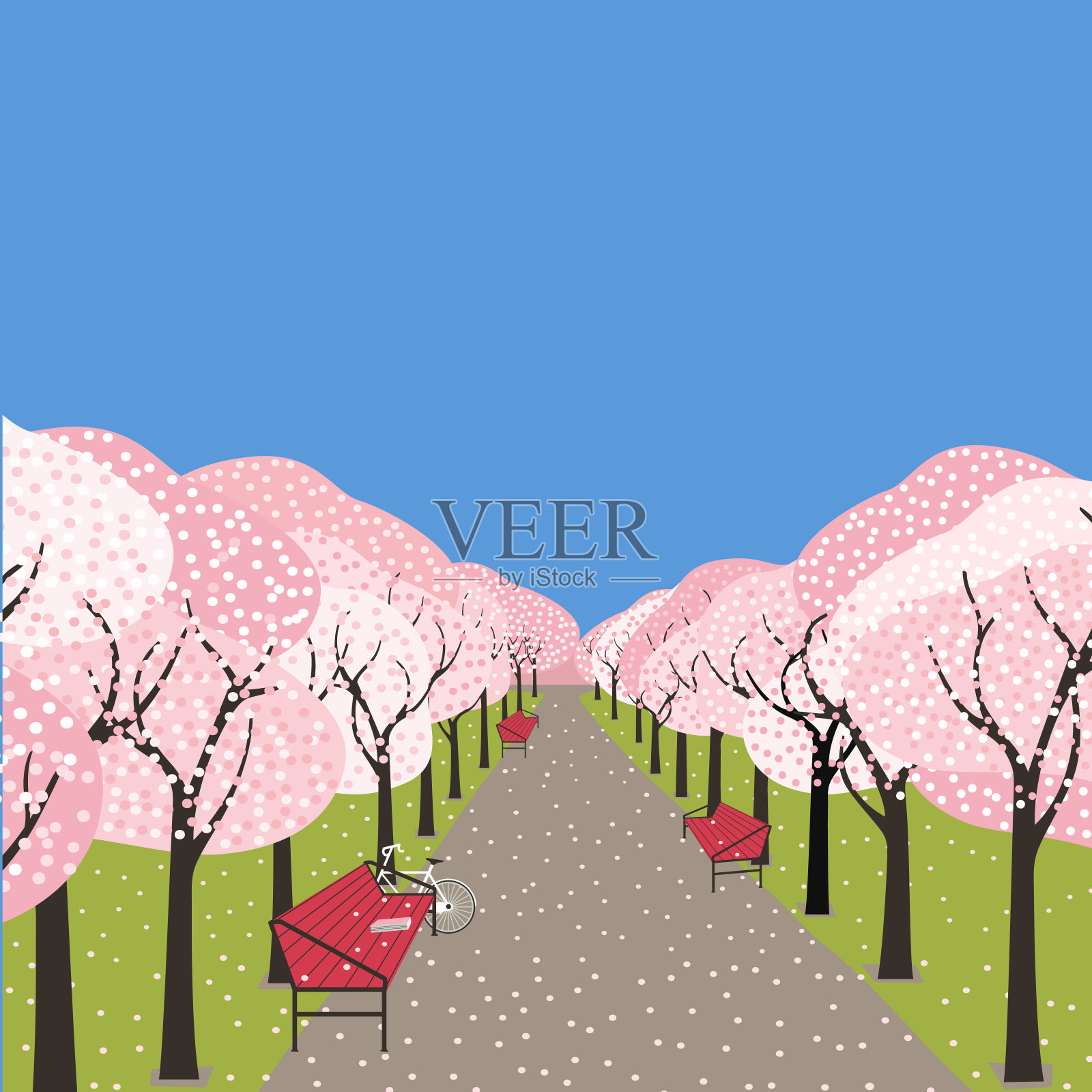 手绘盛开的樱花巷矢量海报插画图片素材